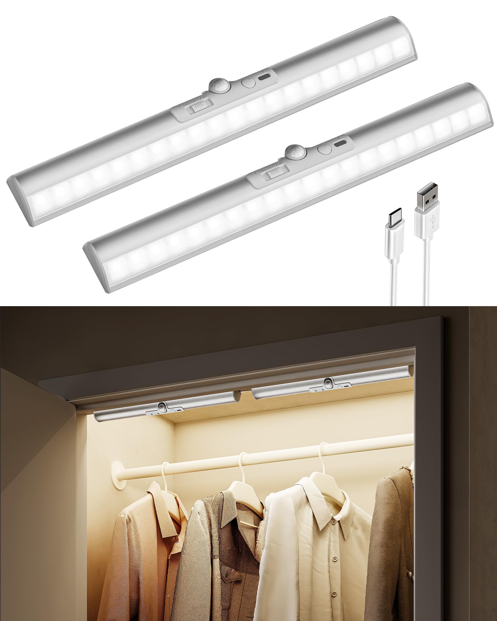 EZVALO Motion Sensor Closet Lights, 2 Pack Rechargeable LED Lights with Rotatable Sensor, Glare-Free, 3 Color Temps & Dimmable, 