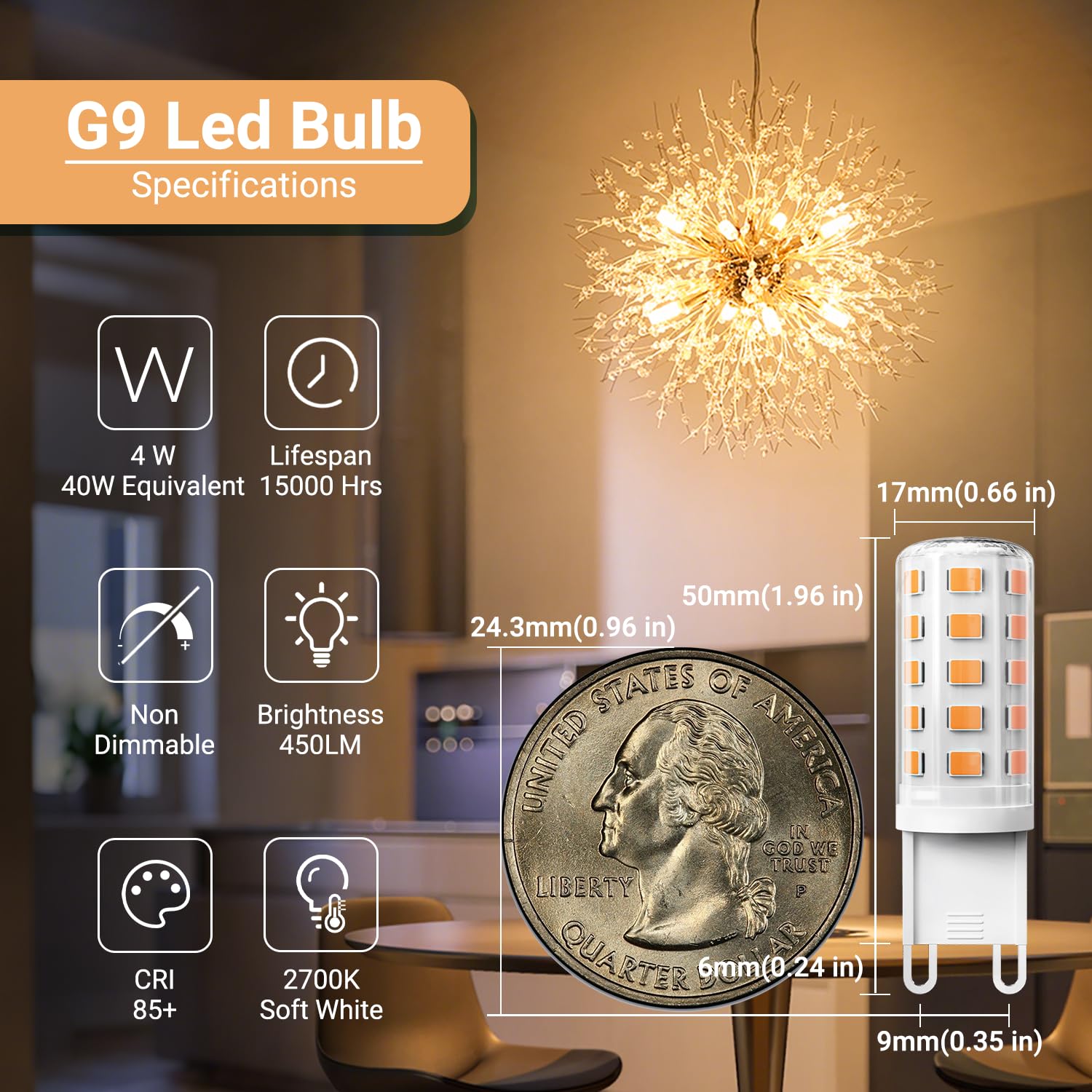 Tjoy G9 Led Bulb 4W, 2700K Soft Warm White 10 Pack, Equivalent 40 Watt T4 G9 Halogen Replacement, G 9 Bi-Pin Base Light Bulbs Fo