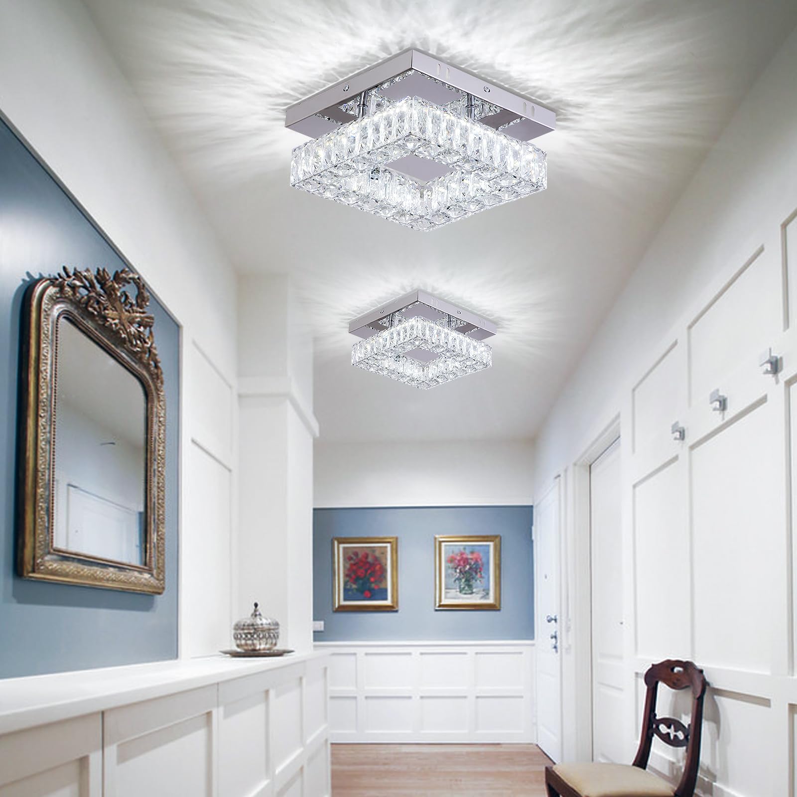 YPQXYHDA Mini Modern Crystal Chandelier, 9.8" Flush Mount LED Light, K9 Crystal & Stainless Steel, Cool White, Model 2503MSJXDF-BG