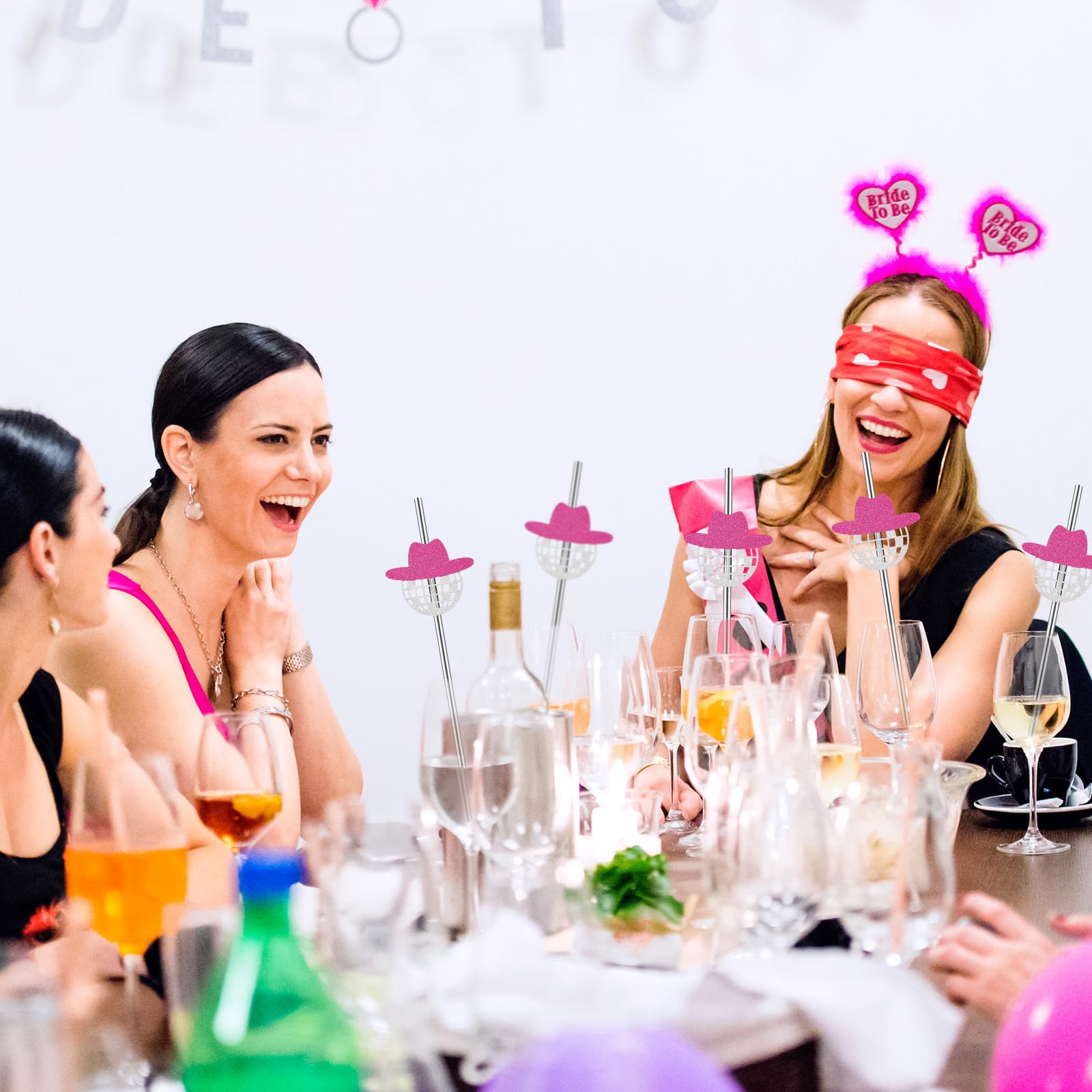 Tanlade Mini Disco Ball Straws, 50 Pcs, 70s Party Decorations, One Size, Pink, Model DIA-Tanlade-785