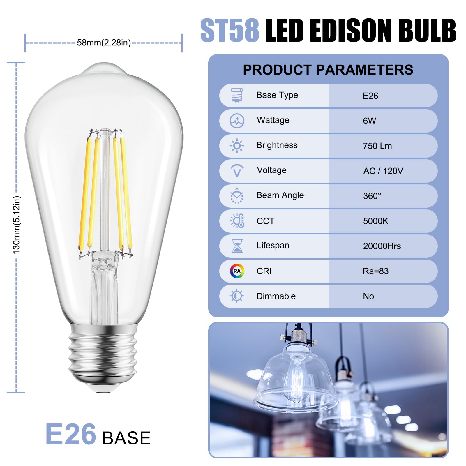 Brightown 12 Pack Led Edison Bulbs, 6W, Equivalent 60W, High Bright 5000K Pure White,750 Lumens, Non-Dimmable, E26 Medium Base S