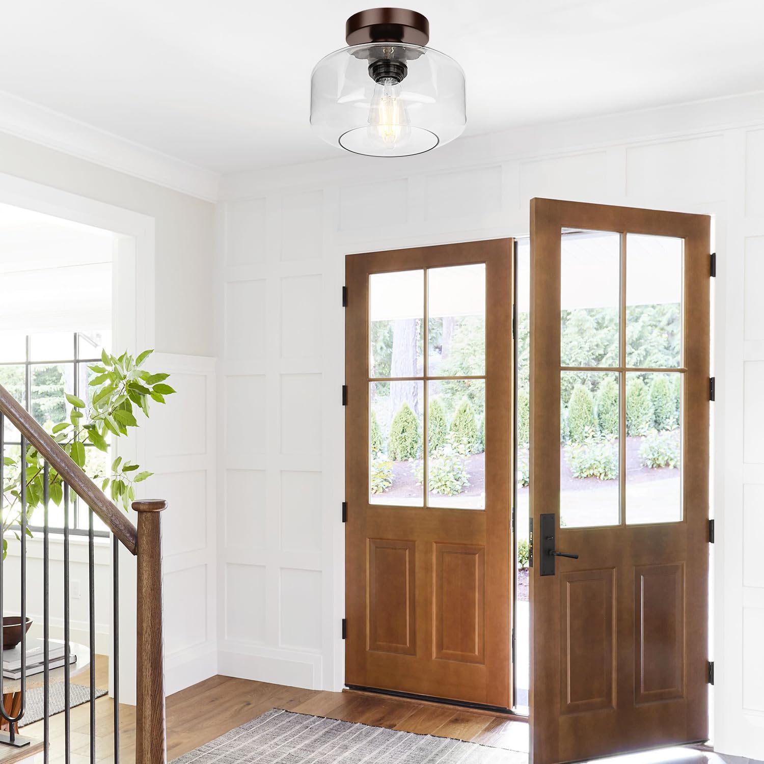 Industrial Semi Flush Mount Ceiling Light Brown, 800 Lumen Led Bulb Included, Clear Glass Shade Ceiling Light Fixture, Light Fix