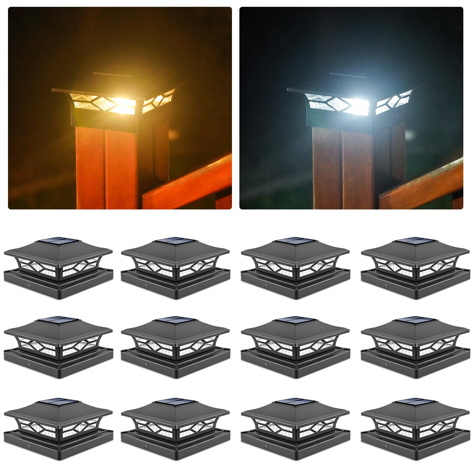 VOLISUN Solar Post Cap Lights: 12 - Pack Outdoor Deck Post Cap Lights Black for Dock Fence Waterproof 2 Color Modes,4x4/6x6 Wood