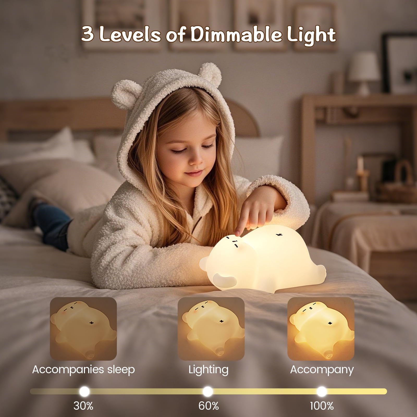 Snoring Bear Night Light - Adorable Gift for Kids, Babies, Moms & Seniors - Soft Silicone Sleep Lamp with Sound, 3 Brightness Le