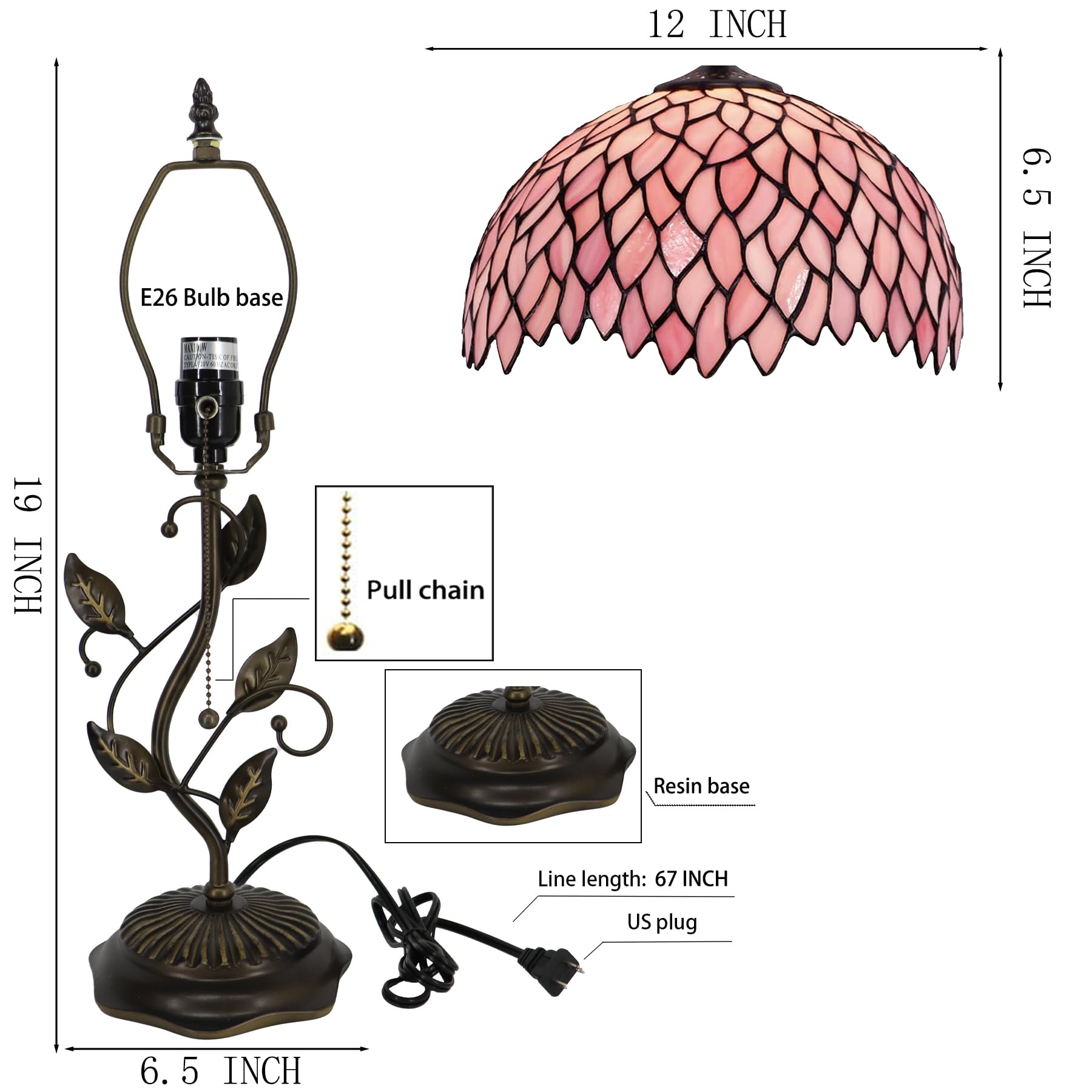 Lxhcyou Tiffany Table Lamp, Stained Glass Desk Light, W12H19 Inch, Metal Leaf Base (Pink Wisteria)