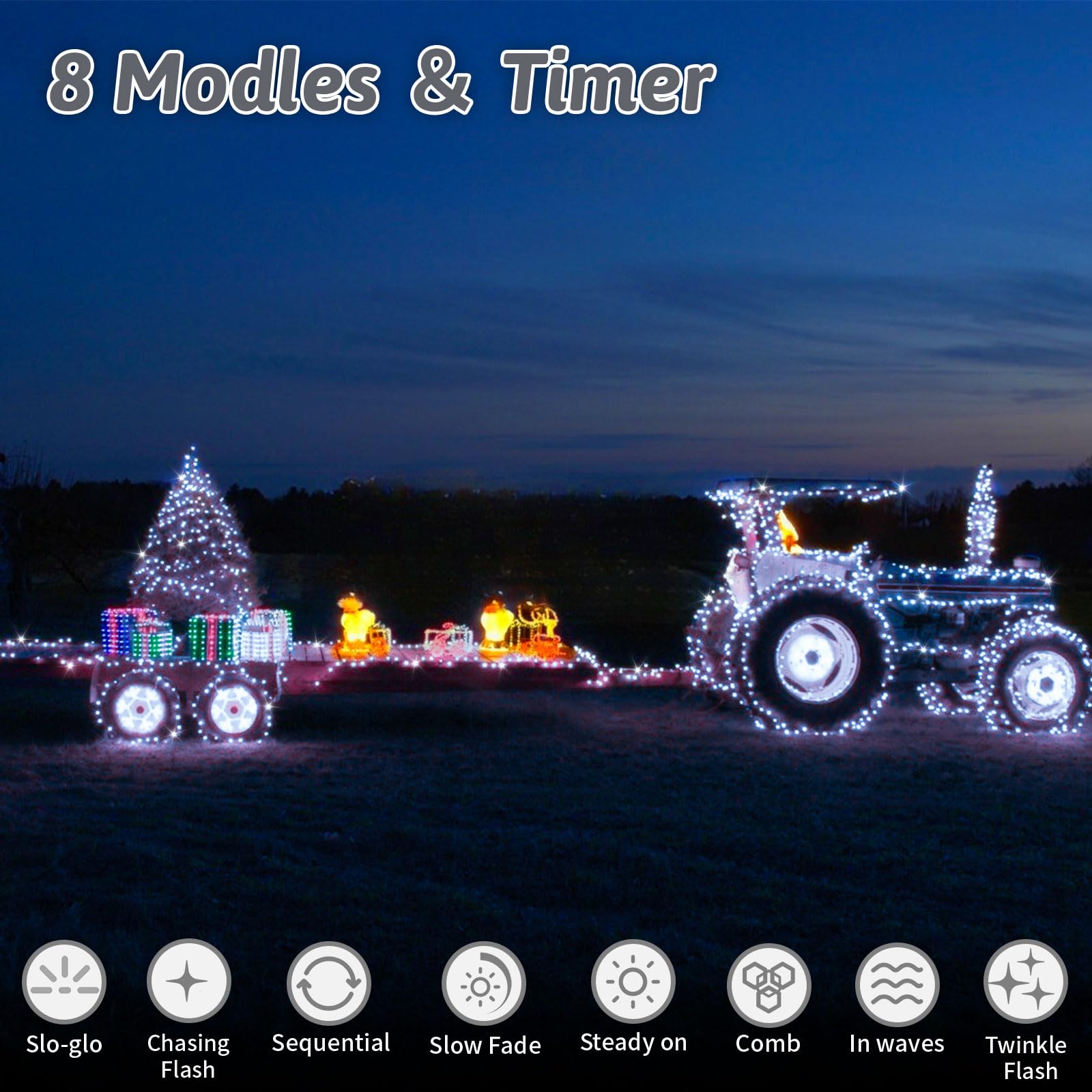 ROADAYLY LED Christmas Lights Outdoor String Lights 131FT 400 LED Cool White Waterproof 8 Modes & Timer Model DAOYI02-MNO02-DAOYI
