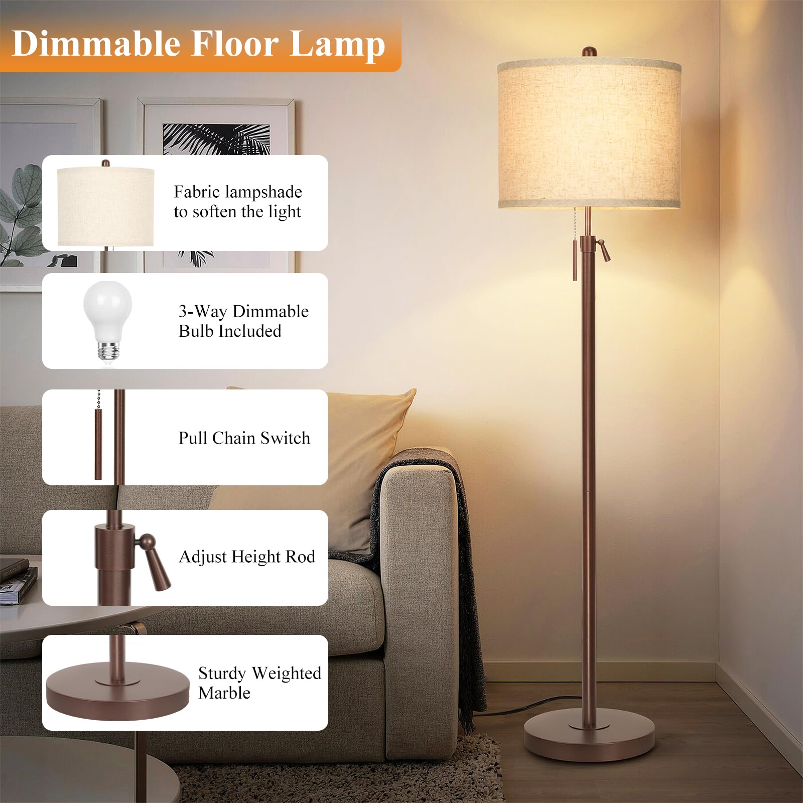 Metal Brown Floor Lamp For Living Room, Adjustable Height Standing Lamp, Pole Light For Bedroom, With Linen Shade And Metal Base