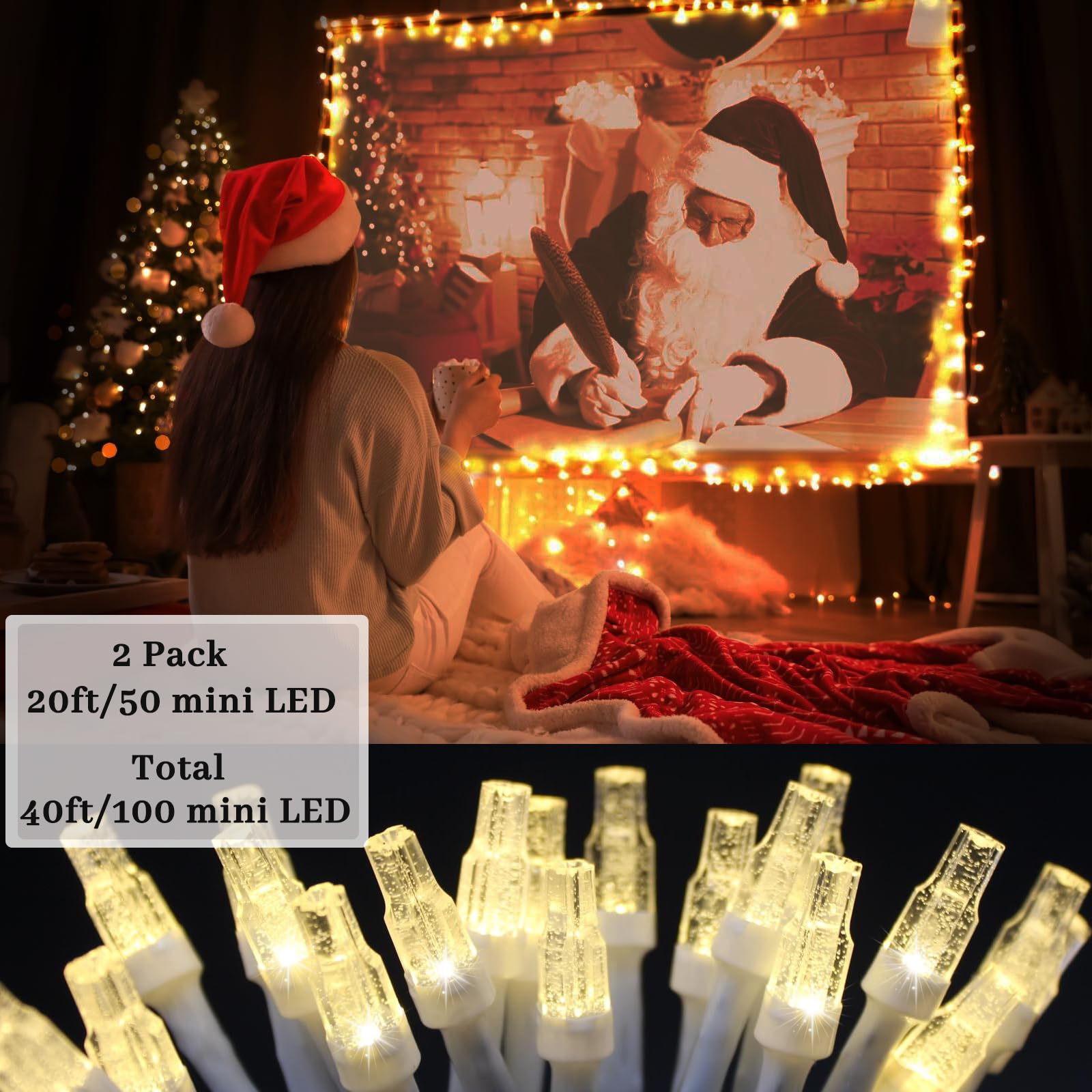 Elavika 20ft Battery Operated Christmas Lights, 50 LED, 8 Modes, Waterproof, Warm White, Model STL009-SJP-50WW-TMX, 2 Pack