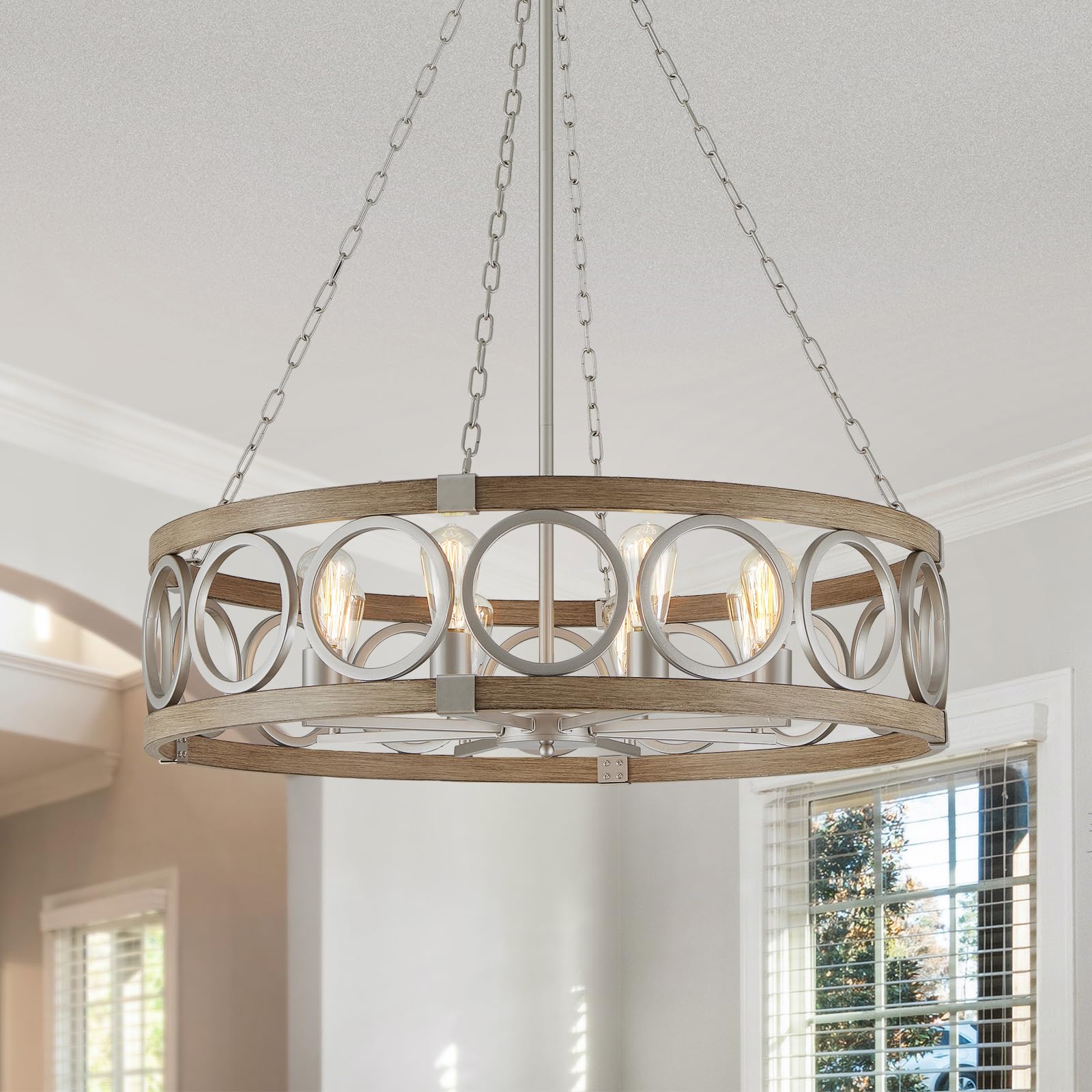 Xingqi 8-Light Modern Chandelier Large Round Drum Chandeliers For Dining Room 32.3" Rustic Pendant Brushed Nickel Light Fixture Over Table Farmhouse Metal Wood Grain Finish