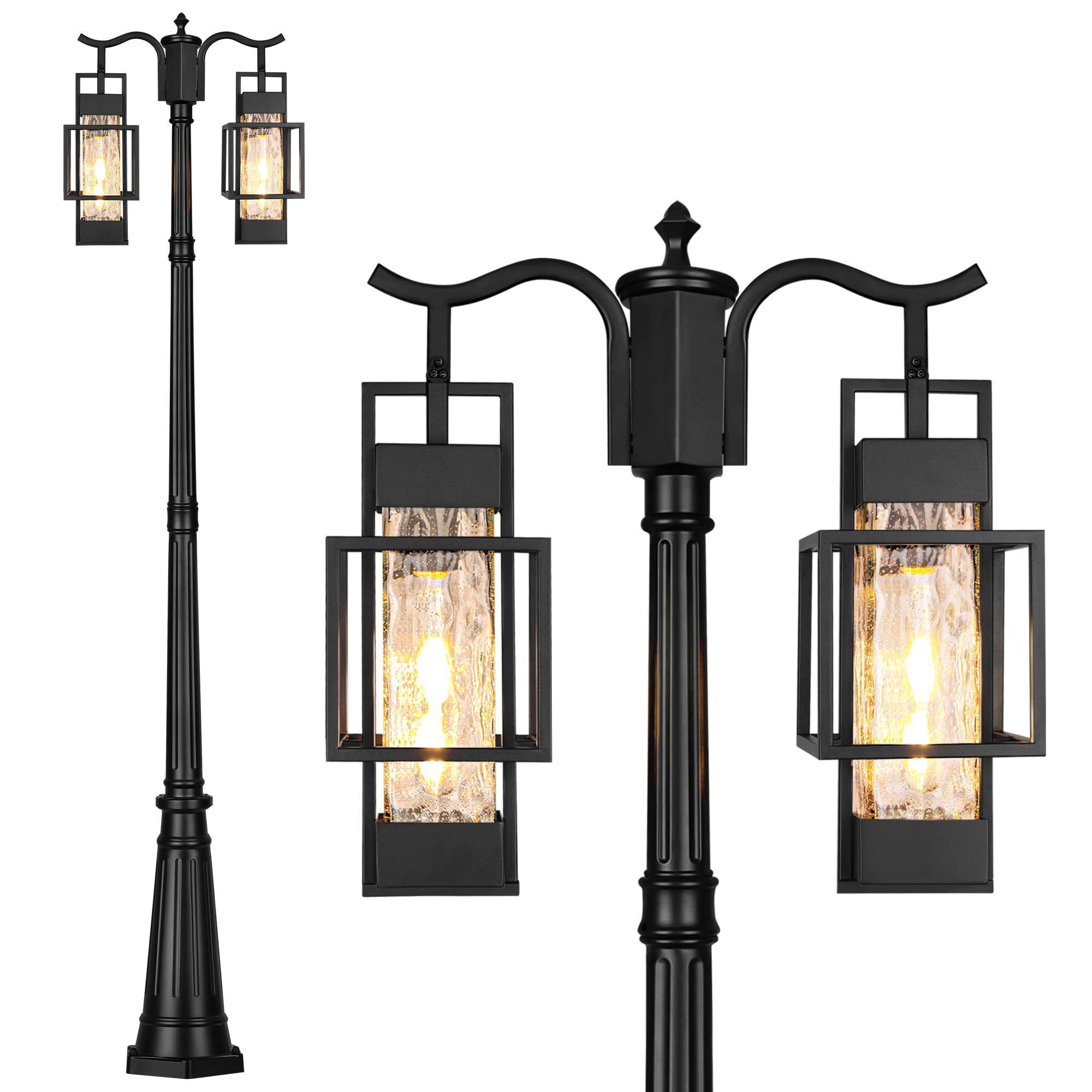 Partphoner Modern Outdoor Lamp Post Light 2-Head  Hardwired Street Light Post For Outside Metal Pole Light Outdoor Lighting With Water Glass Shade For Garden Patio Backyard Walkway Driveway