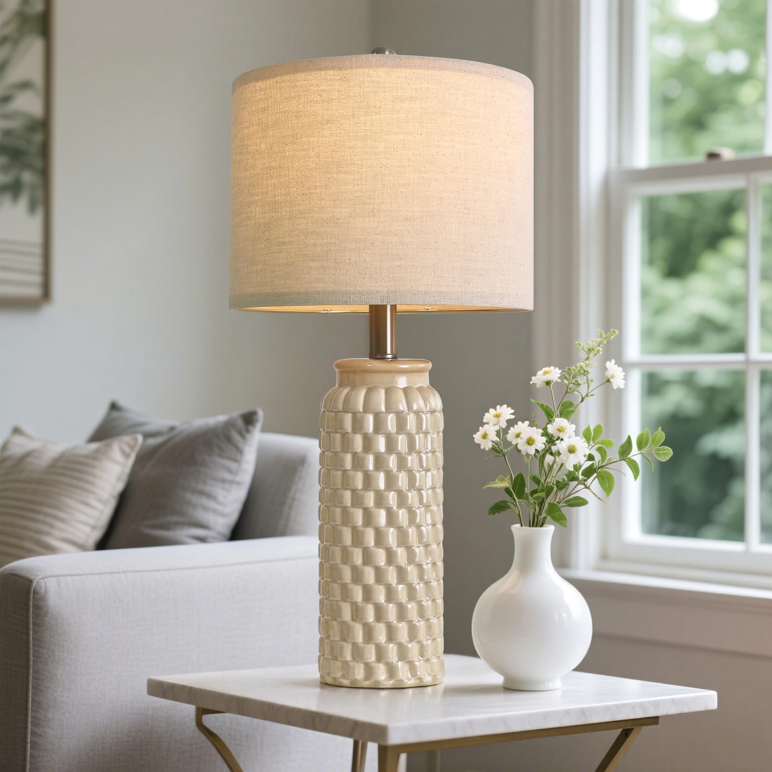 Usumkky 24'' Modern Ceramic Bedside Lamp Set Of 2 For Bedroom Decor Farmhouse Table Lamp For Living Room Office Dorm