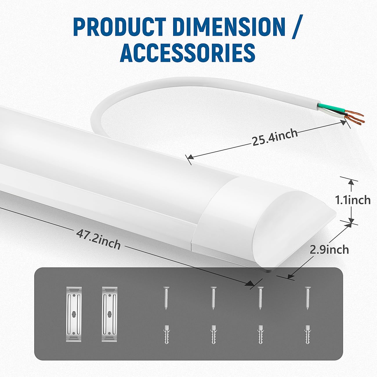 DAKASON 4FT LED Closet Light Fixture, 36W, 4320lm, Adjustable 3000/4000/5000K, White, Flush Mount, Hardwired, Model