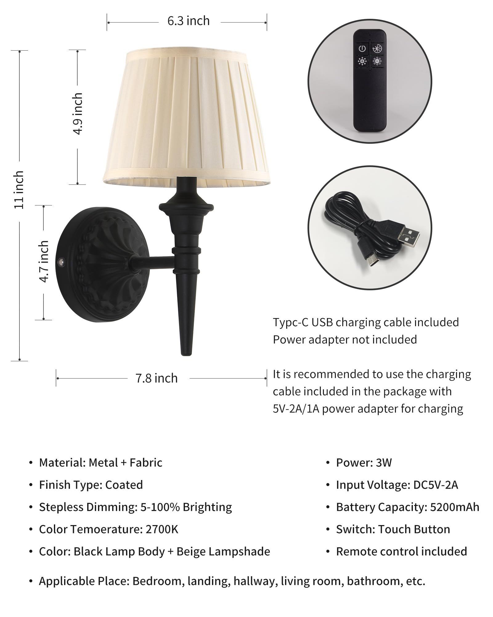 KDG Cordless Wall Sconces Set of 2, Rechargeable Fabric LED Lamps, Black + Beige, Model AMZ-TBL-035