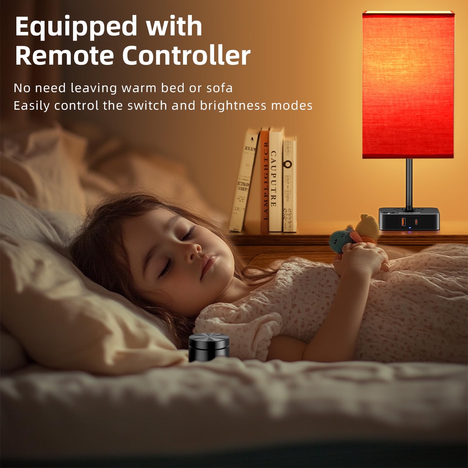 Bedroom Table Lamp With Remote Operation Control,Dimmable Bedside Table Desk Light With Usb C+A Charging Ports 2 Ac Outlets,Nigh