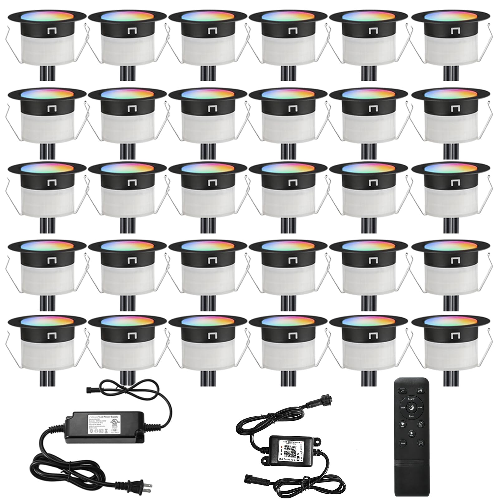 FVTLED LED Deck Lights Kit, 30pcs Recessed RGBW Lighting, Low Voltage, Waterproof, Stainless Steel, Model D31B, Black