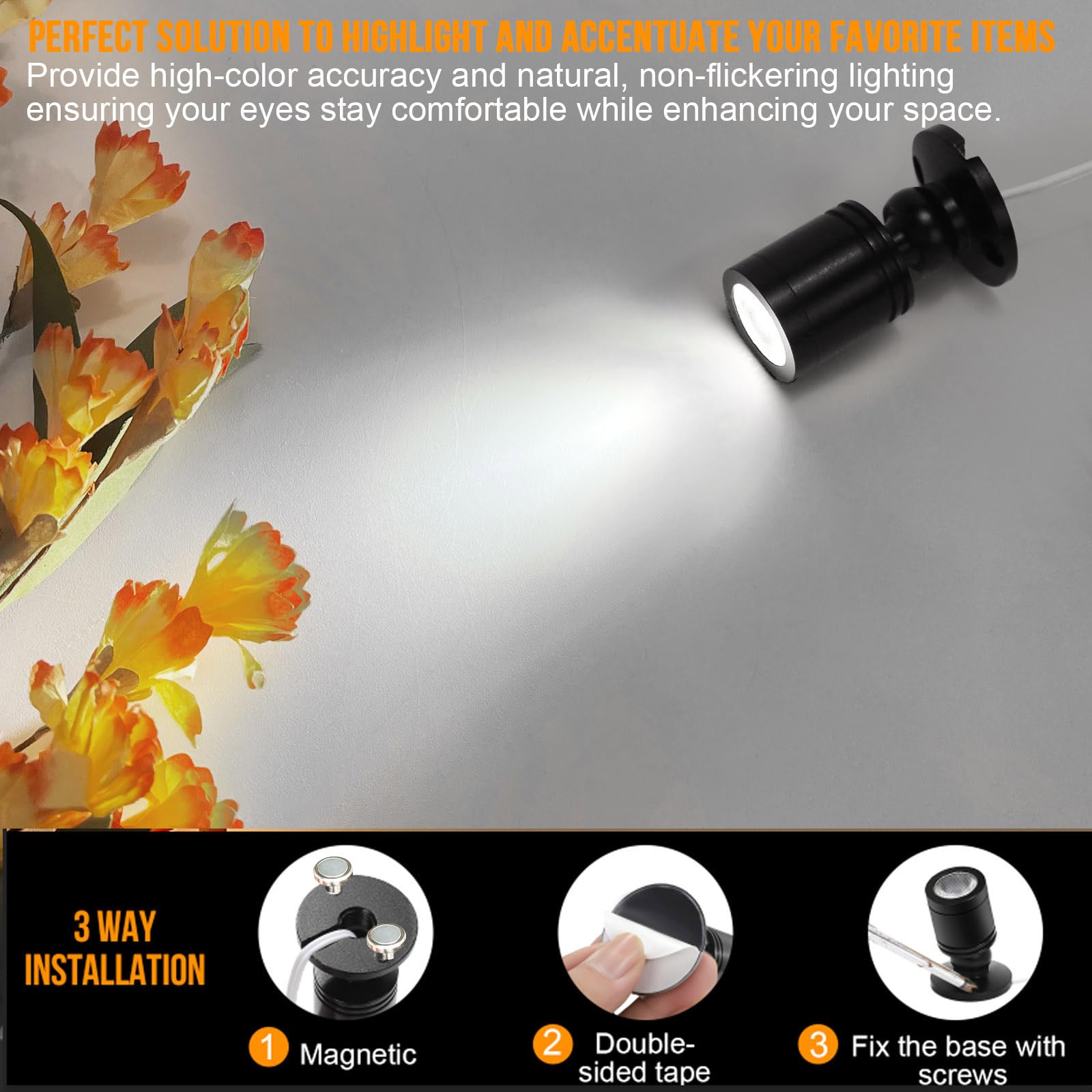 Taysing LED Mini Spotlight Accent Lights for Display - Cold White 4 Pack with Dimming & Timing, Metal, Model 3130314011