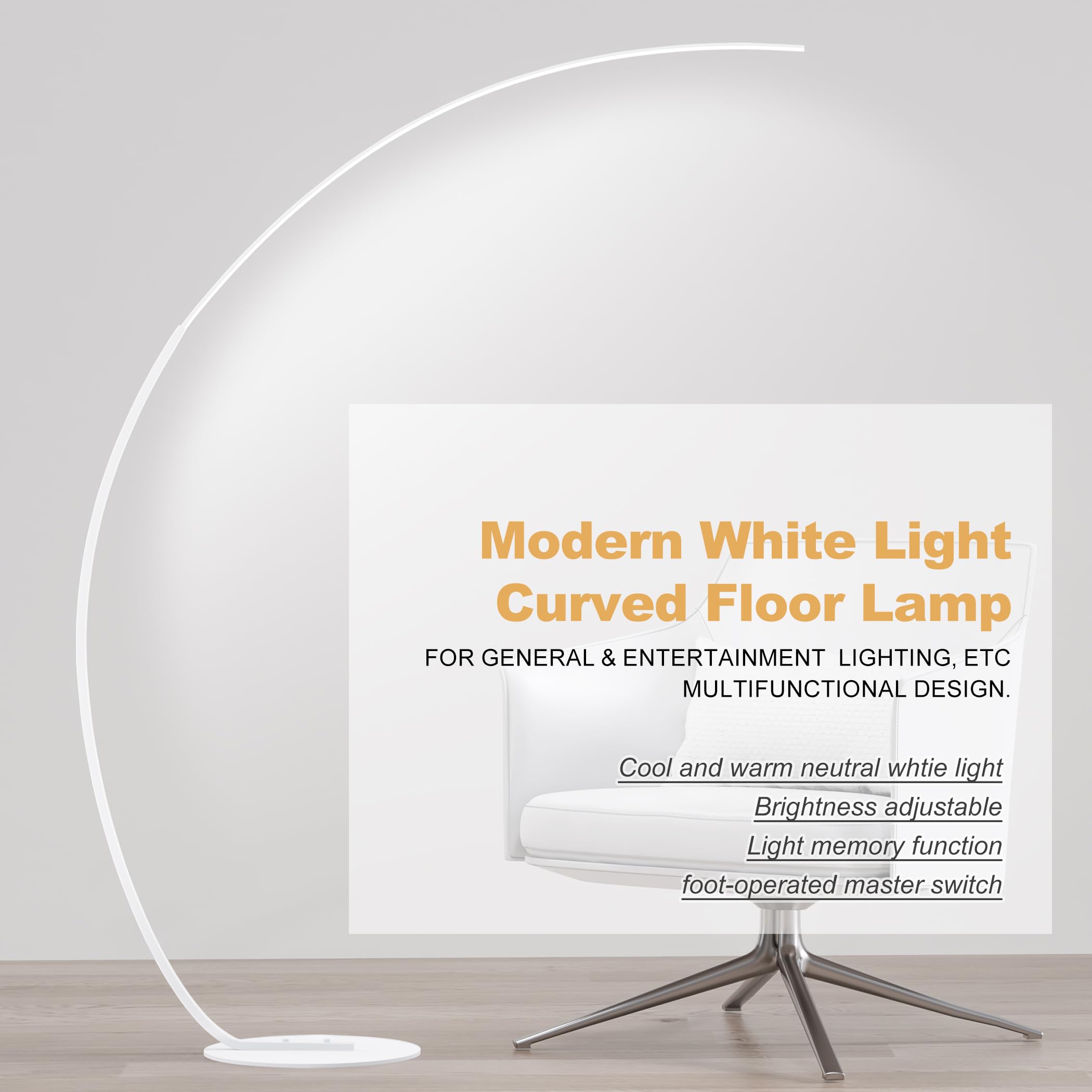 Adjustable White Light Modern 69.99 Inch Arched Standing Reading Floor Lamp With Remote - Dimmable White Led Curved Light For Be