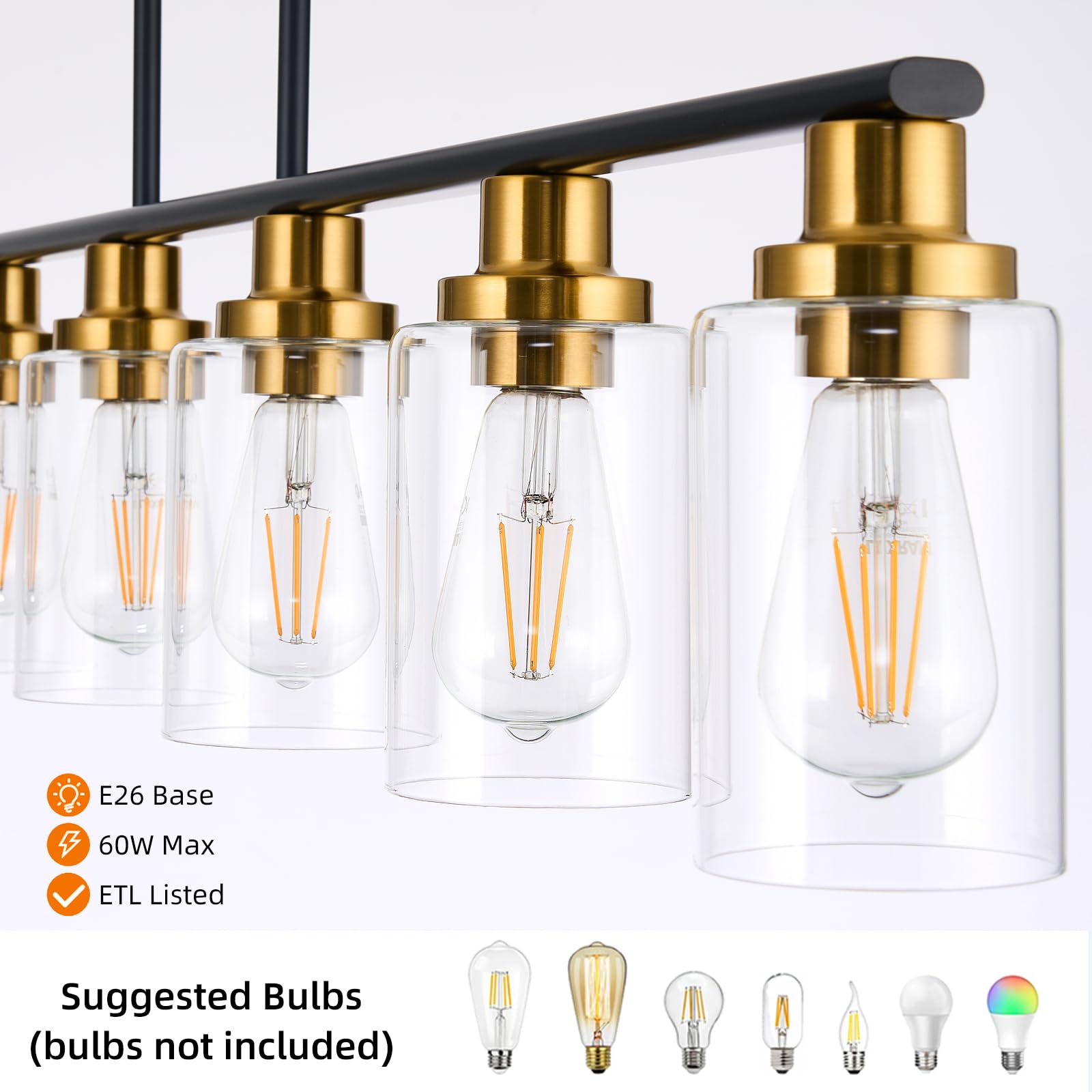 Kpiok Island Light For Kitchen, 6-Light Farmhouse Dining Room Light Fixture With Clear Glass Shade, 44.3'' Matte Black And Gold Linear Chandelier Pendant Lighting For Dining Table Kitchen Living Room
