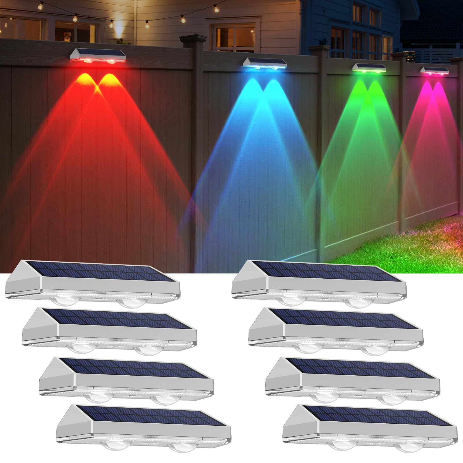 2 Pack Solar Fence Lights Outdoor  2PK Solar Outdoor Light Warm White & RGB Solar Powered Lights for Outside Backyard  Patio  Deck Fence  Stair Handrail  Pool and Wall