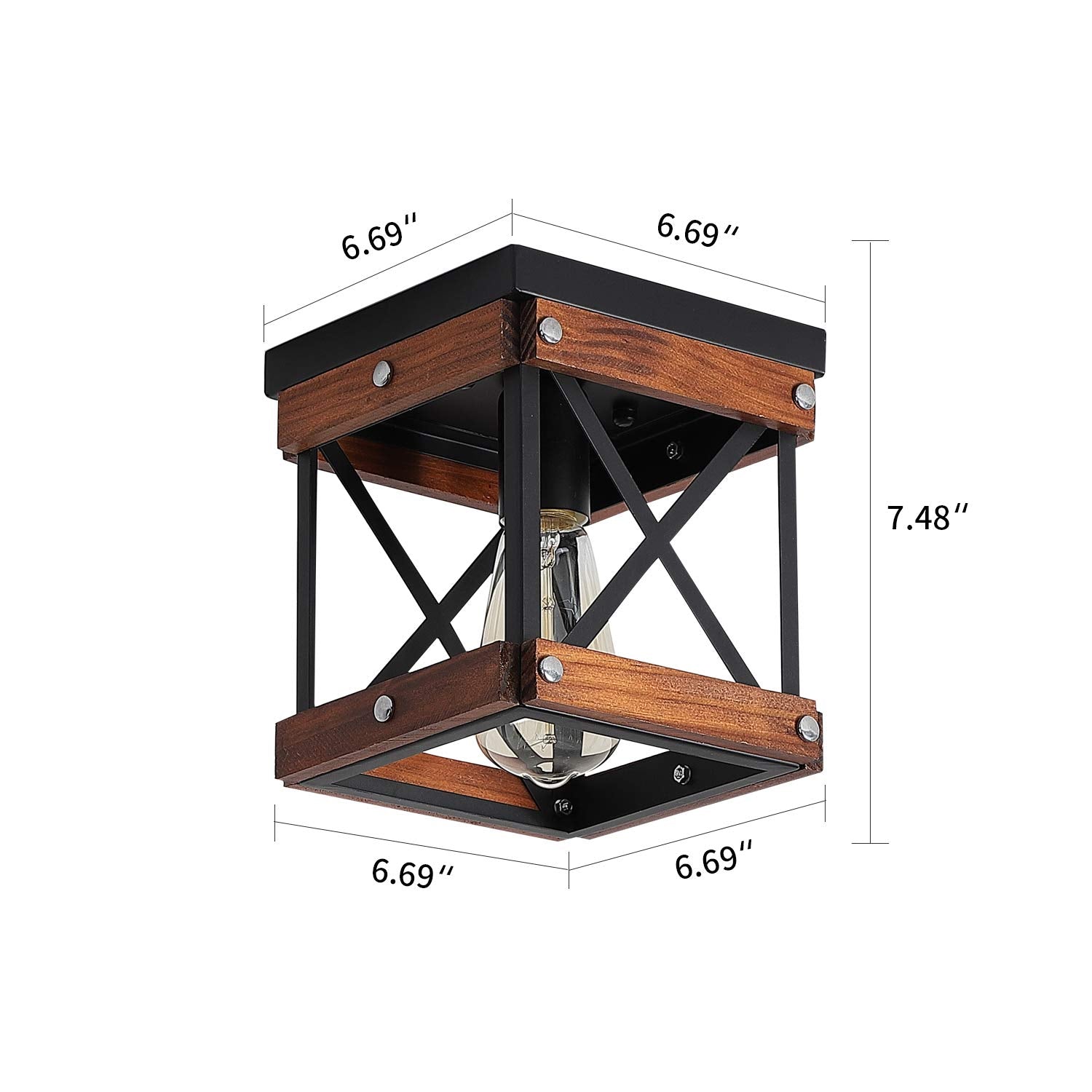 Fivess Lighting Rustic Farmhouse Flush Mount Ceiling Light 1-Light Wood and Metal, Black, Model fss6103-1