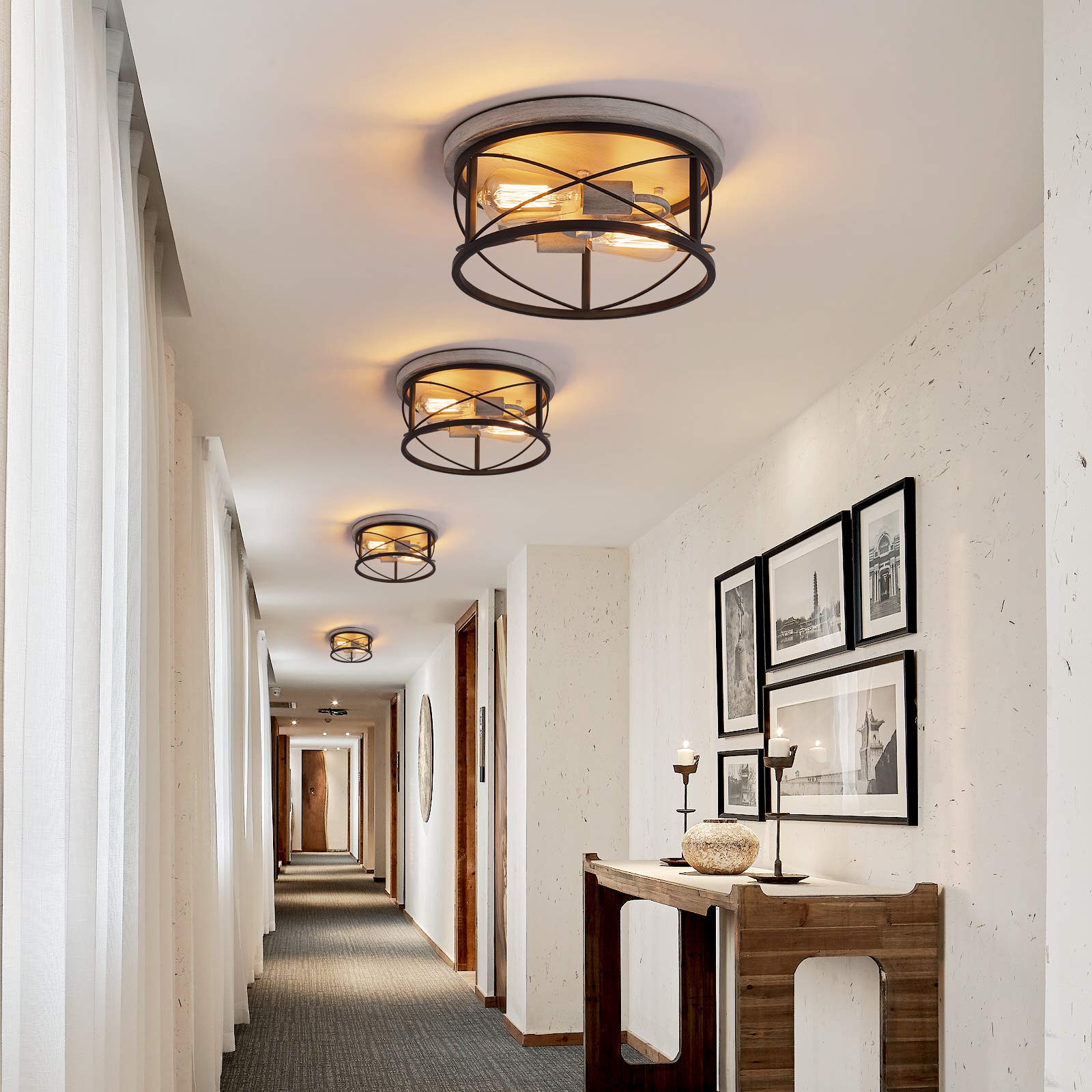 Q&S Flush Mount Ceiling Light Fixture Farmhouse Rustic Oak White And Orb Lighting For Hallway Entryway Kitchen Dining Room Bedro