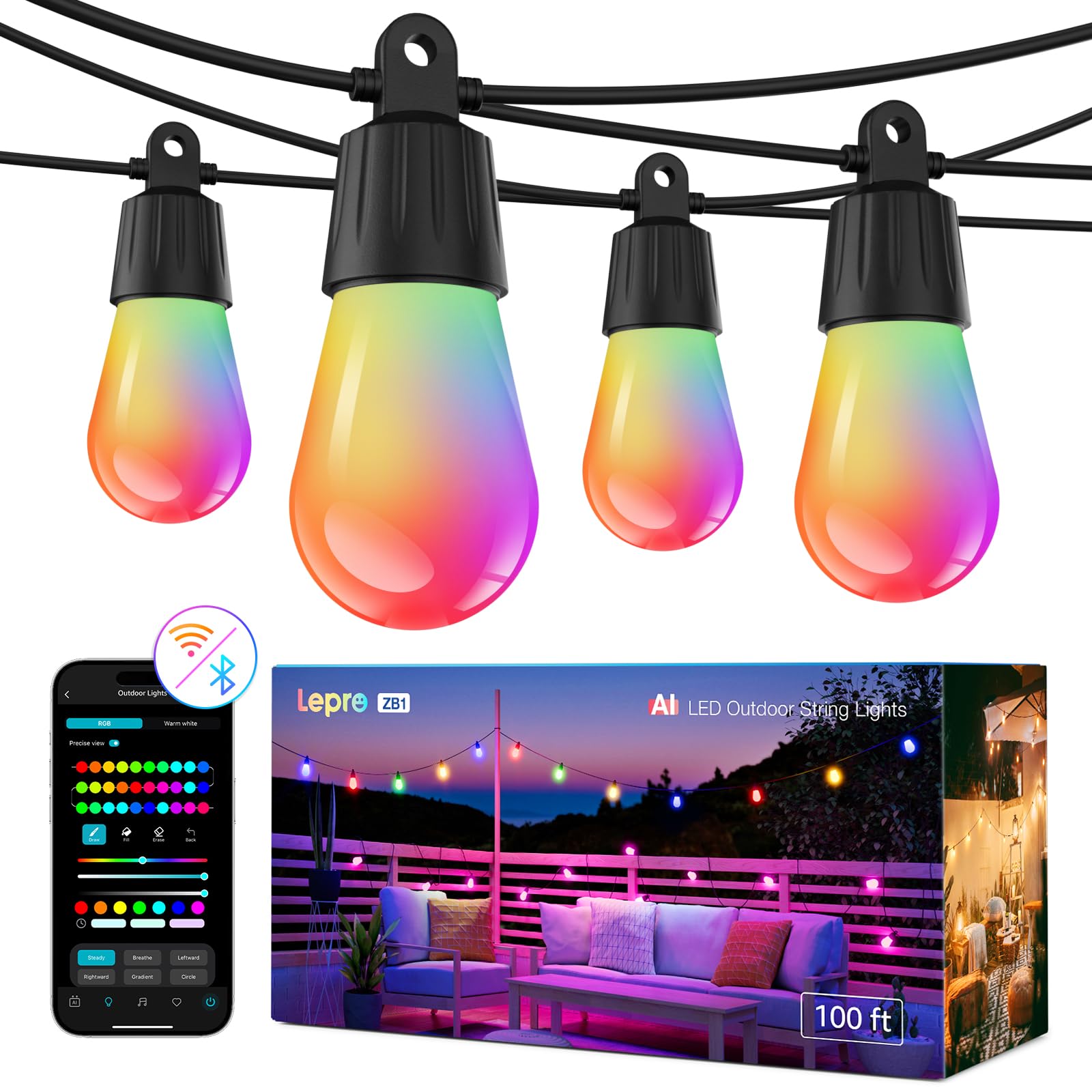 Lepro ZB1 AI Smart Outdoor String Lights APP Control, 100(88+12) ft RGB+IC+Warm White Outdoor Lights 30 LED Bulbs, Alexa Google 