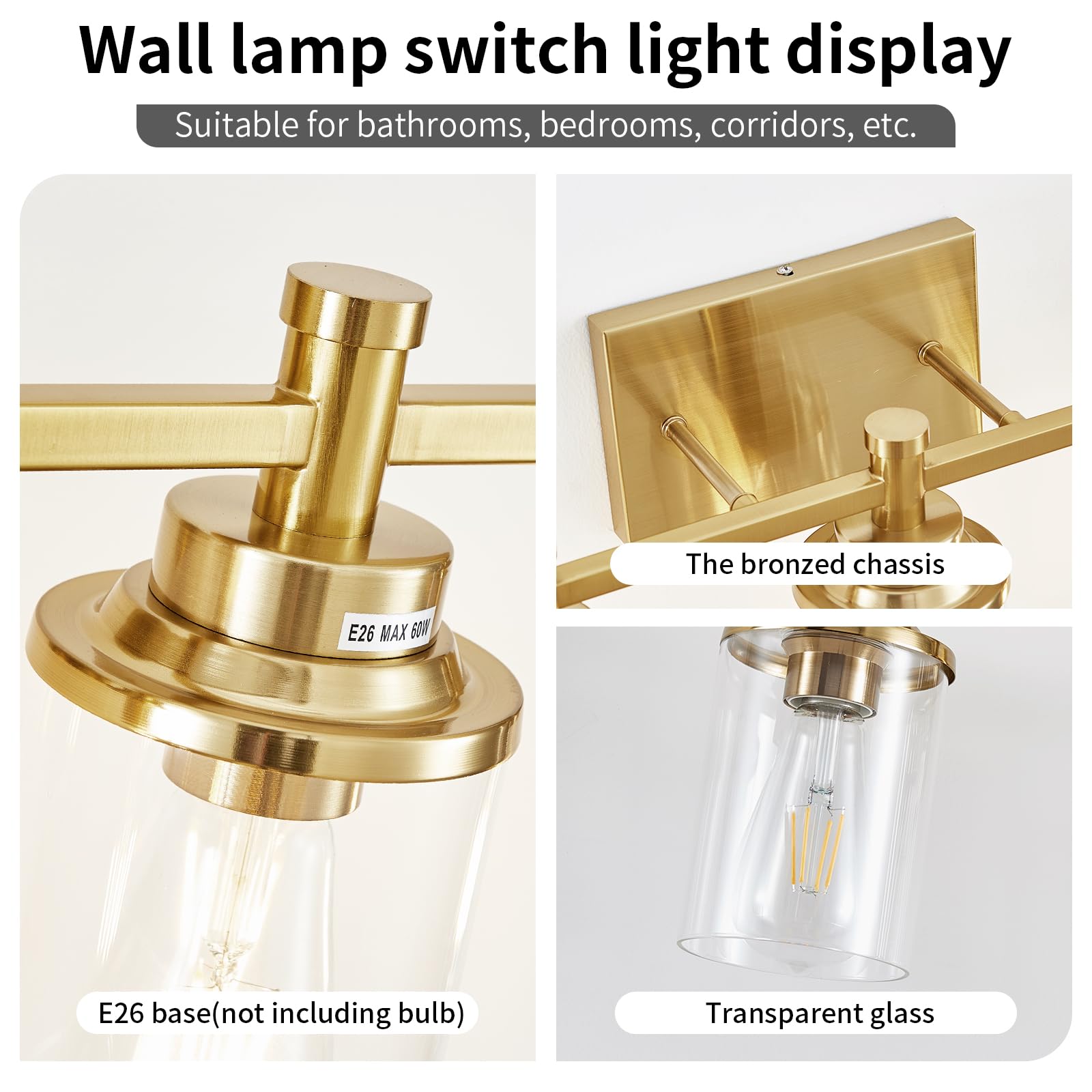 Aixialin 3 Light Gold Bathroom Vanity Light Over Mirror, Brushed Brass Vanity Light Fixture Modern Bath Wall Sconce Lighting Wal