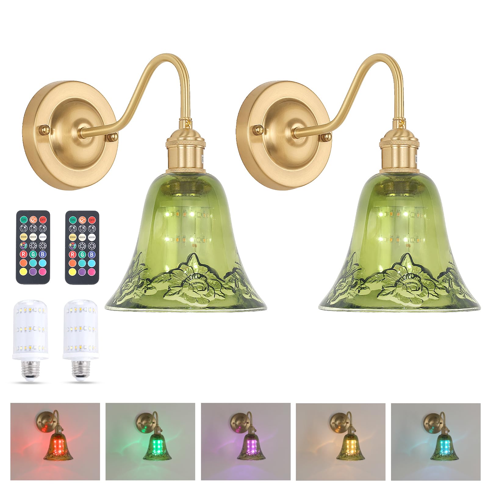 Shenmoyl Battery Operated Wall Sconce Set of 2, Vintage Glass Shade, Green Morning Glory, Wireless Indoor Lamp, Model 1-93757-wlamp
