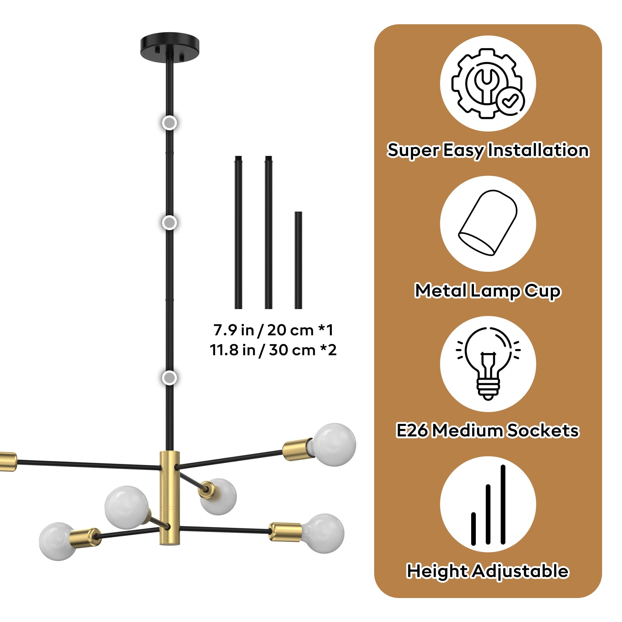 Phaosio Modern Sputnik Chandeliers For Dining Room, Height Adjustable Semi Flush Black And Gold Chandelier Ceiling Mount Light F