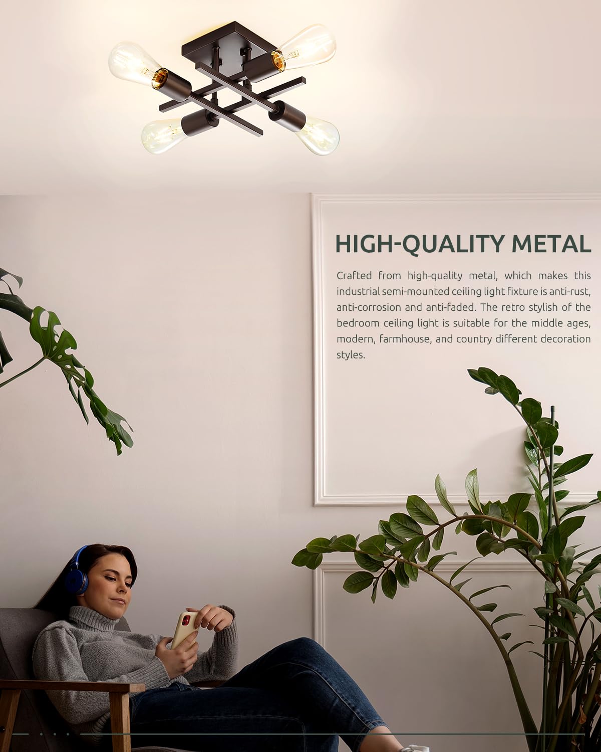 Eietonte 4-Light Semi Flush Mount Ceiling Light Fixture, Metal, Oil-Rubbed Bronze, EIECL001-ORB1P, 1 Count