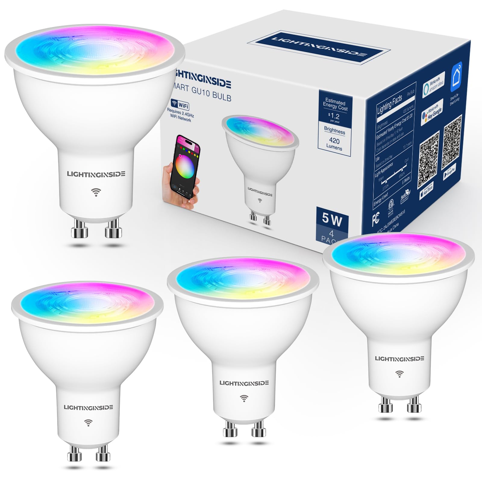 Lightinginside Gu10 Smart Light Bulbs 50W Equivalent, 38Beam Angle, Smart Bulb Compatible With Alexa/Google Assistant/Smart Life