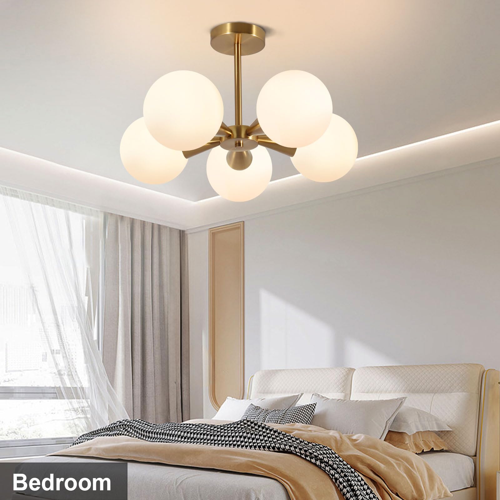 Bektas 5-Light Semi Flush Mount Ceiling Light Fixture, Brushed Gold, Milk Glass Globe, Model 305-230757BA-US479