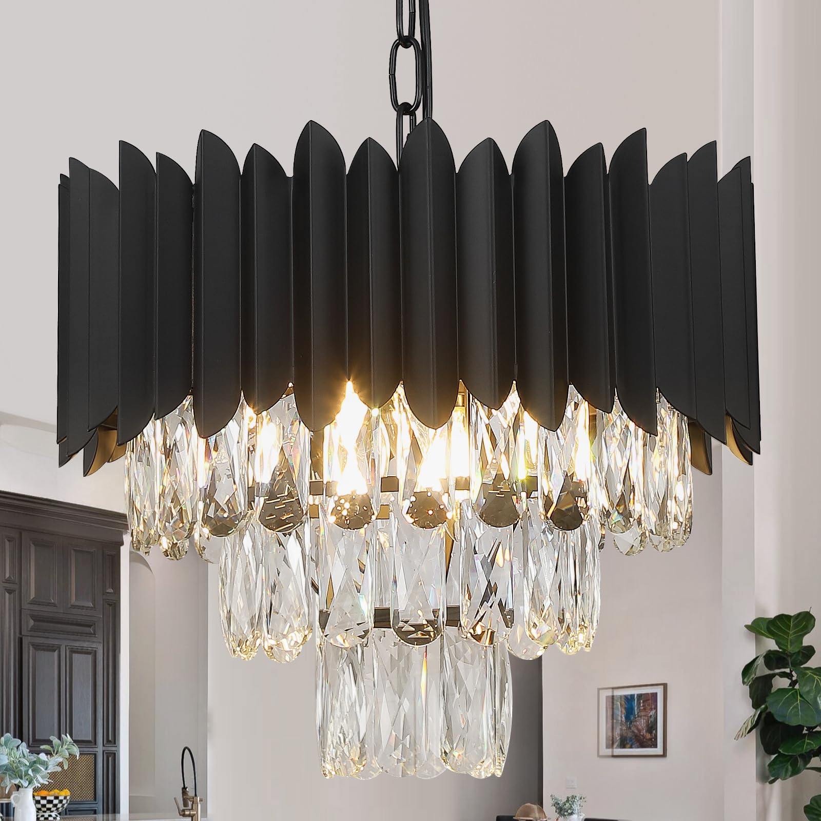 A AXILIXI Crystal Chandeliers Contemporary Small 16    Black Ceiling Pendant Light Fixture 3 Tiers Flush Mount Round Chandeliers