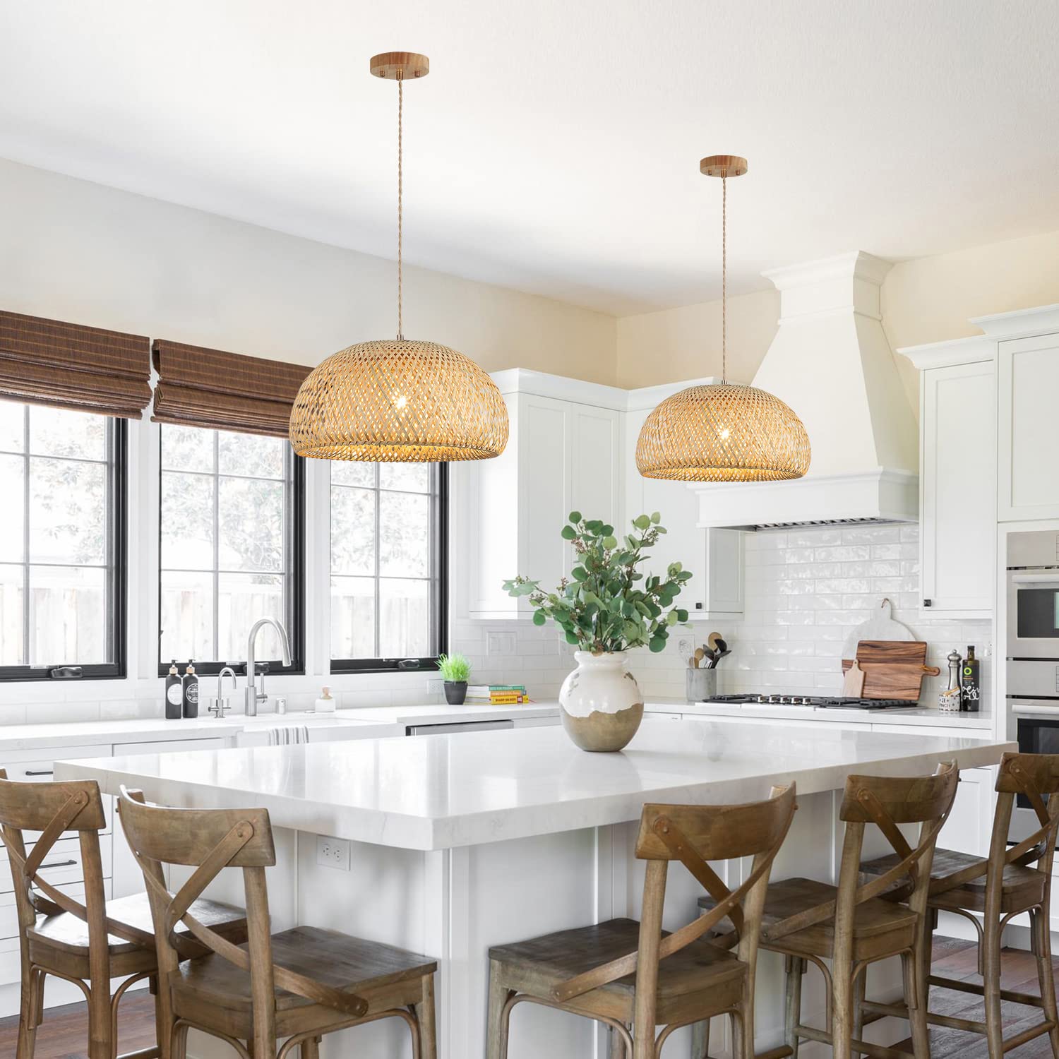 Hchunqjor Natural Bamboo Large Pendant Light Fixture - Rustic Handmade Woven Lighting For Home