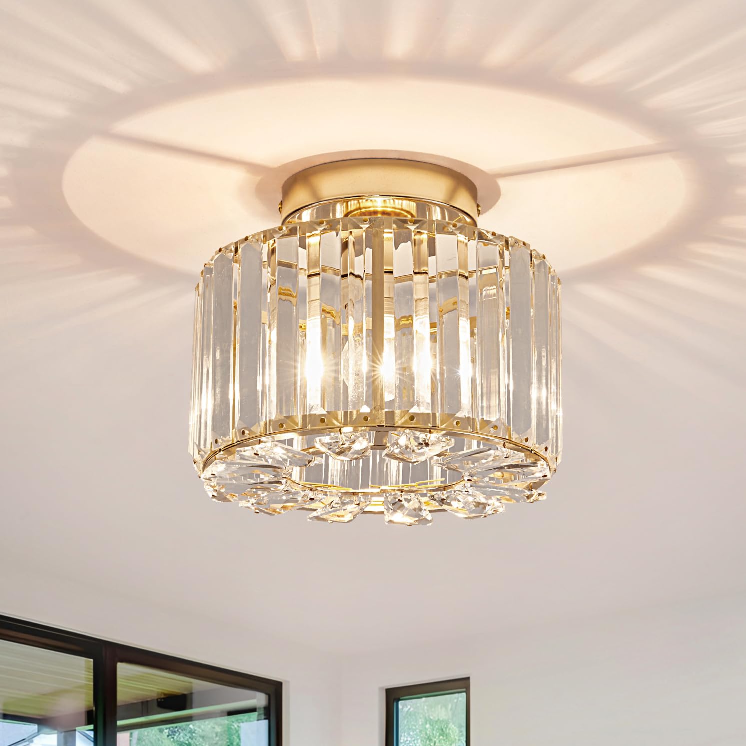 Xieyor Elegant Gold Crystal Chandelier - Modern Semi Flush Mount Ceiling Light Fixtures For Hallway, Kitchen, Bedroom, Living Room, And More