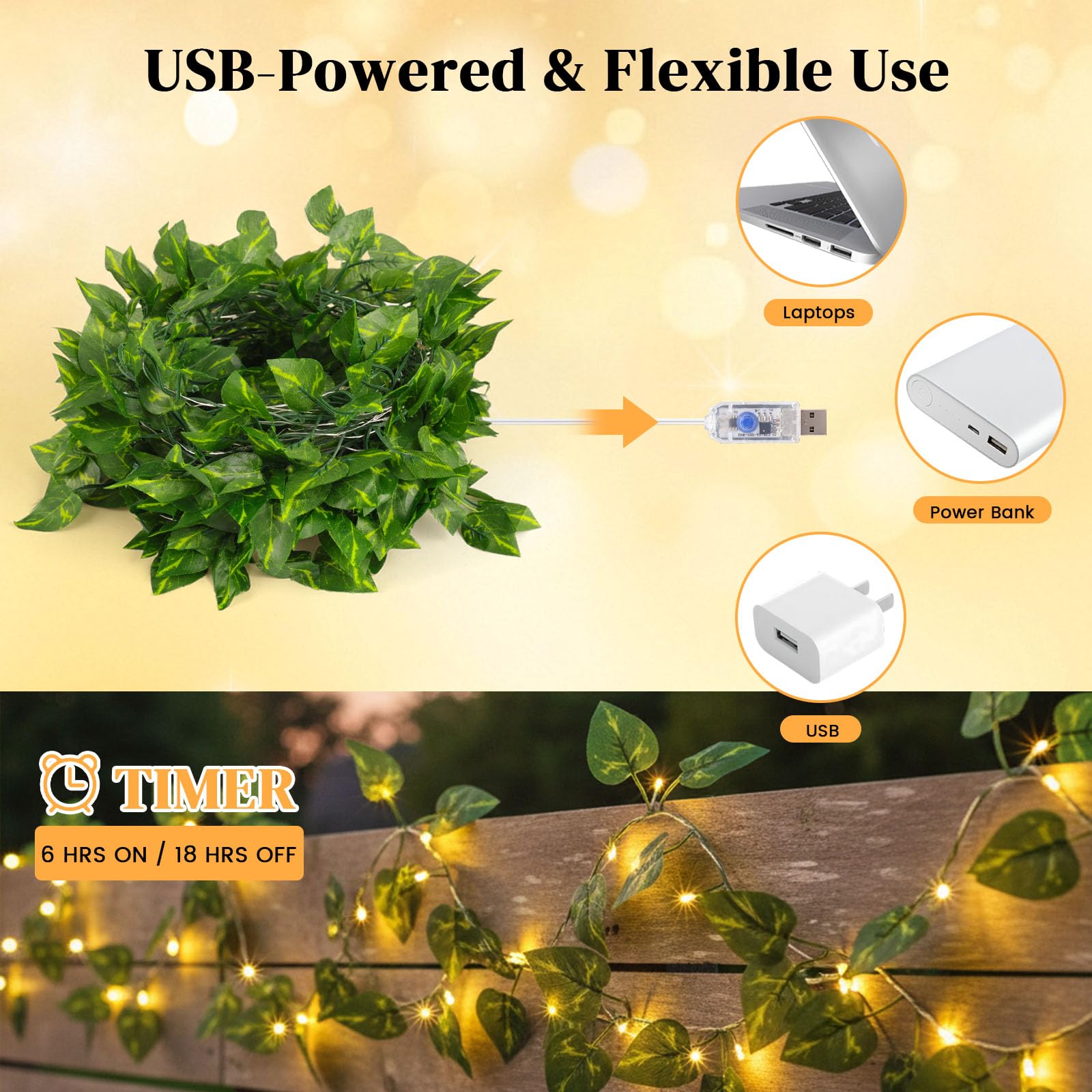 DomeStar 40Ft LED compatible with Vines with String Lights, Warm White, Model HR4033524 for Home Decor, Fences, Hallways, Railings