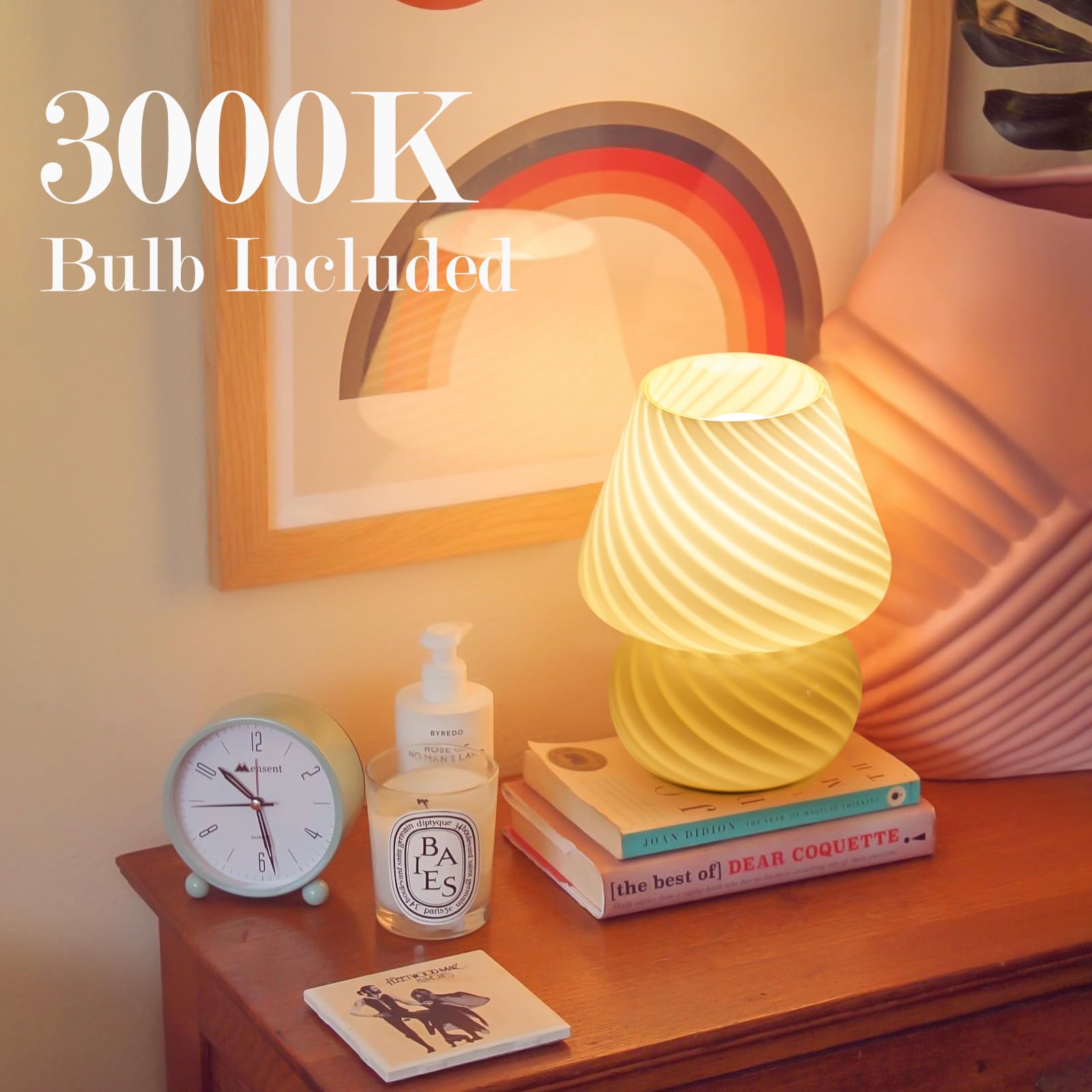 Onewish Mushroom Lamp-Small Bedside Table Lamp With Striped Glass, Nightstand Night Light For Bedroom Living Room, 3000K 6.5W Bu