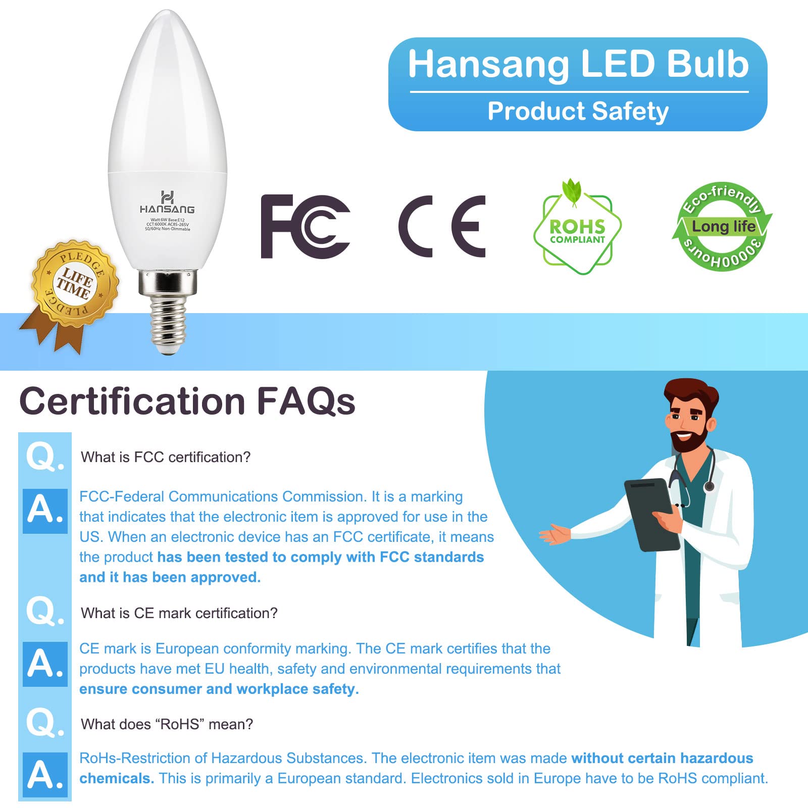 Hansang E12 Candelabra Led Light Bulbs 6000K Cool Daylight White, Small Base Type B Light Bulb For Chandelier, 6W 60Watt Equival
