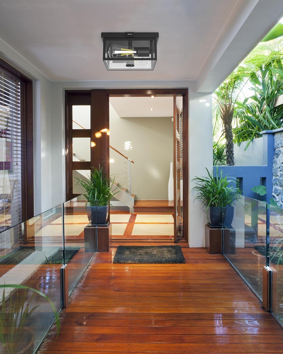 Outdoor Ceiling Light With Motion Sensor, Flush Mount Porch Ceiling Lights, Exterior Motion Activated Lights Fixture With Clear