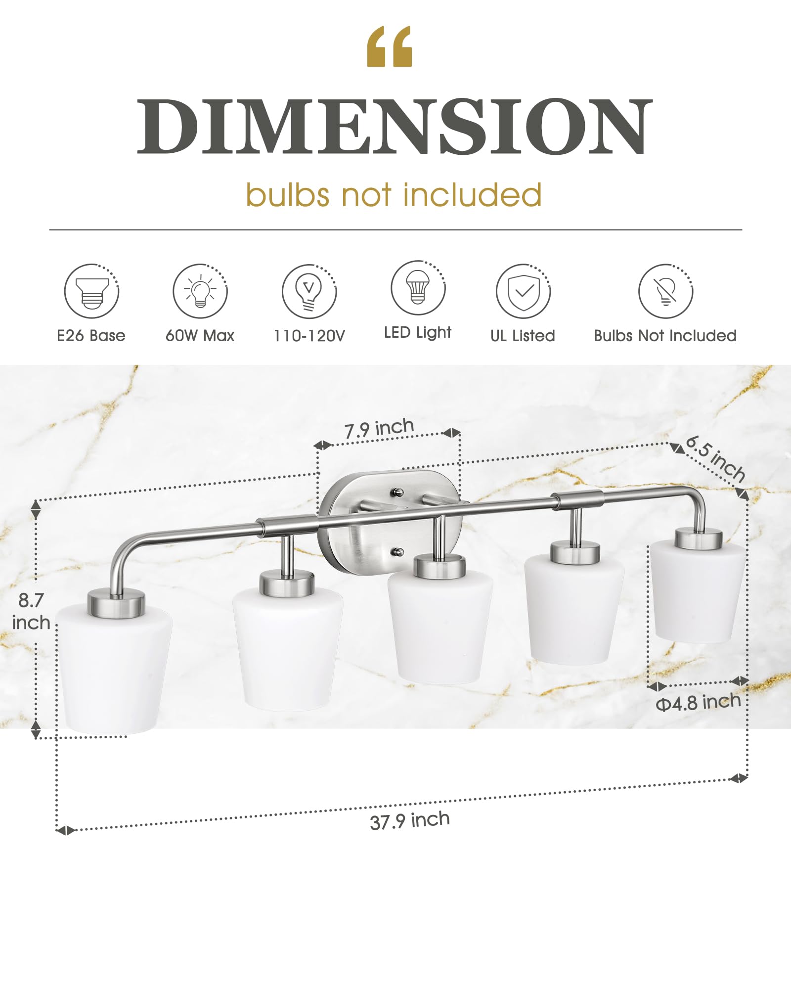 Audickic Bathroom Light Fixtures Over Mirror, 5-Light Brushed Nickel Vanity Lighting Fixtures With Milk White Glass, 38Inch Farm