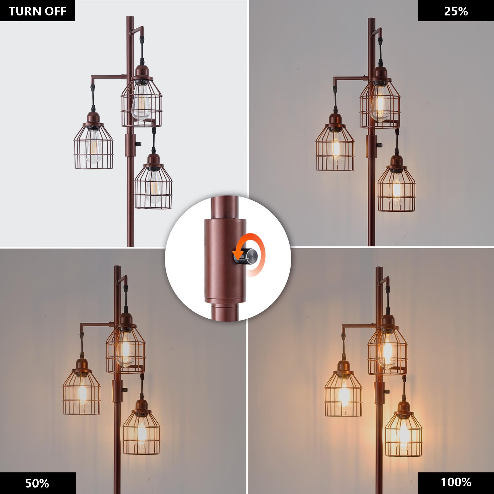 9Mmml Floor Lamp For Living Room, Farmhouse Industrial Dimmable Floor Lamp, 3 Lights Metal Cage Tree Standing Lamp,68'', 3Pcs Le