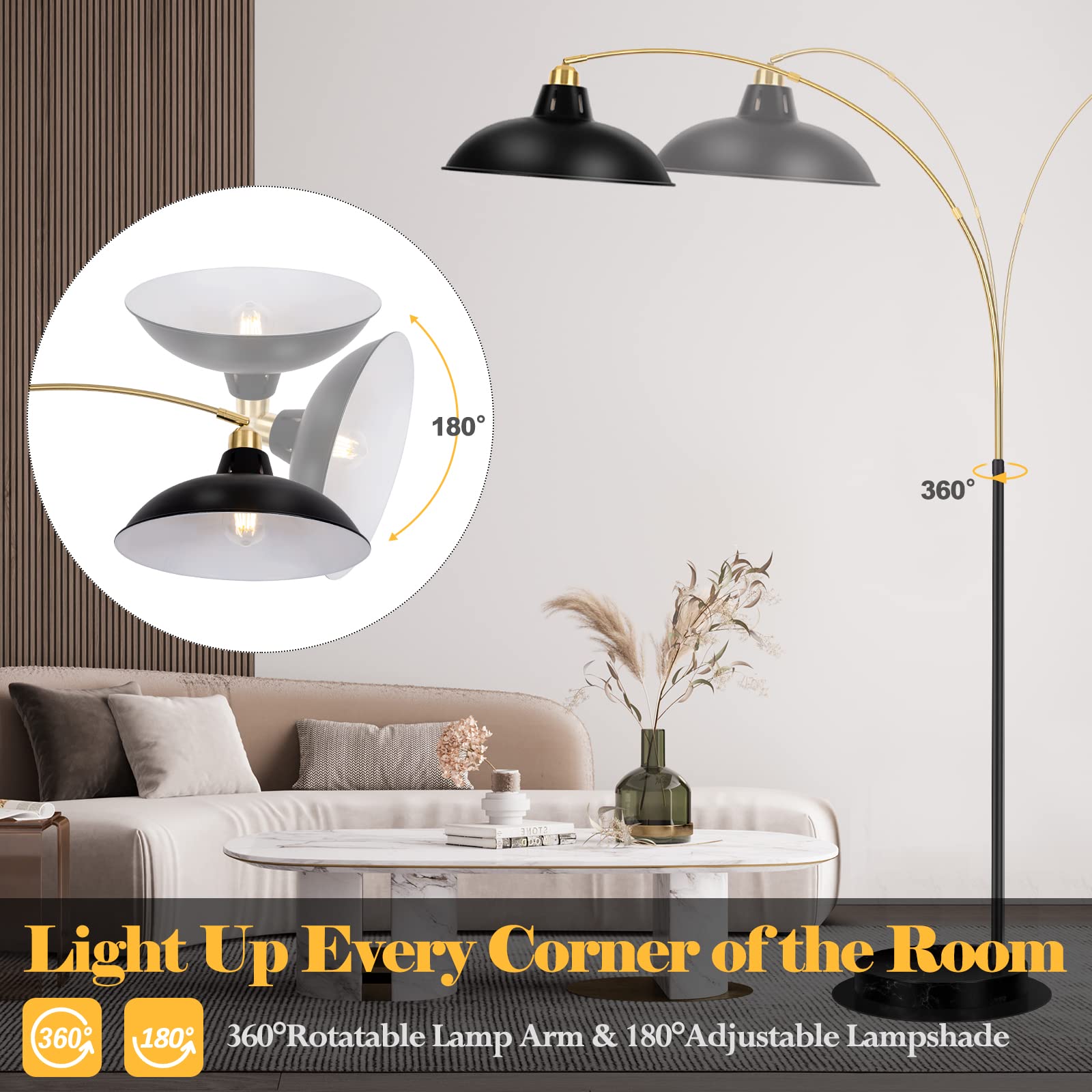 FILIYANO Arc Floor Lamp - Black Gold, Marble Base, 360° Rotatable Arm, Industrial Design for Living Room, Bedroom, Couch, and Desk