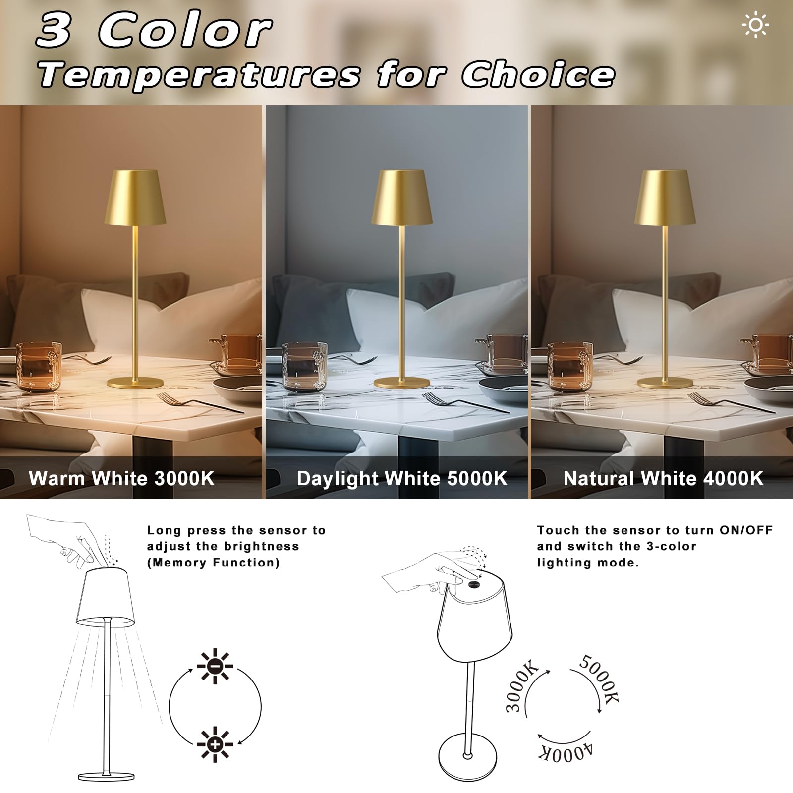 Kakanuo Cordless Table Lamp - Portable LED Wireless Rechargeable - 3 Color Stepless - Gold - Ideal for Restaurant, Bar, Camping, Bedroom