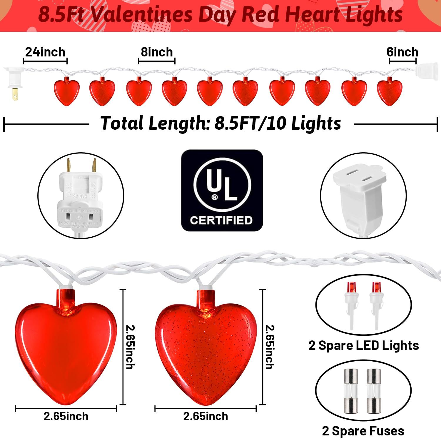 PASUTO Red Heart String Lights, 10 LED, 8.5Ft, Connectable Fairy Lights for Valentines Day, Wedding Decor, Model LR-LED-L-10E/1F-D61