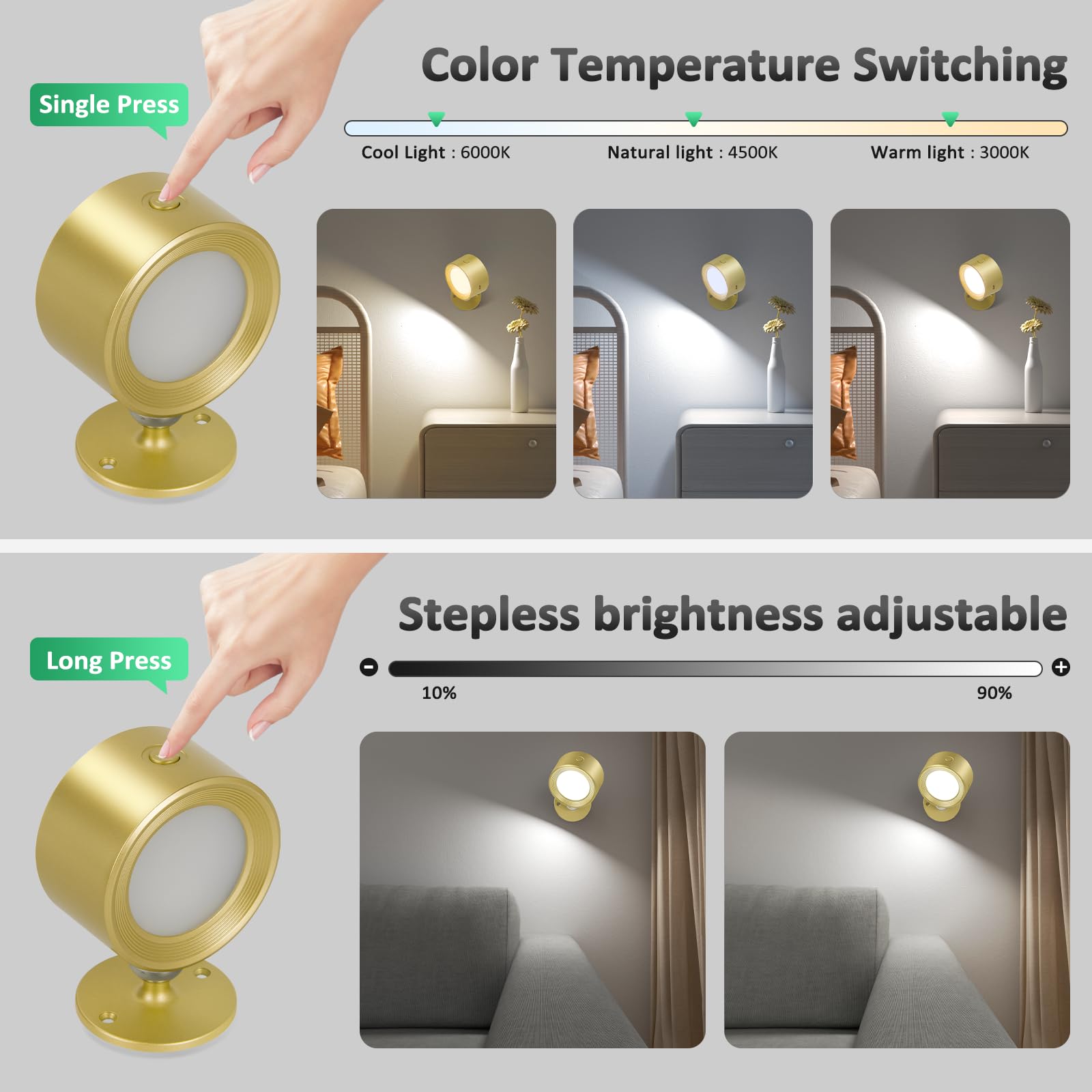 Lightbiz LED Wall Lights with Remote, Wall Sconces Lamp Rechargeable Battery Operated, 3 Color Temperatures & Dimmable Magnetic