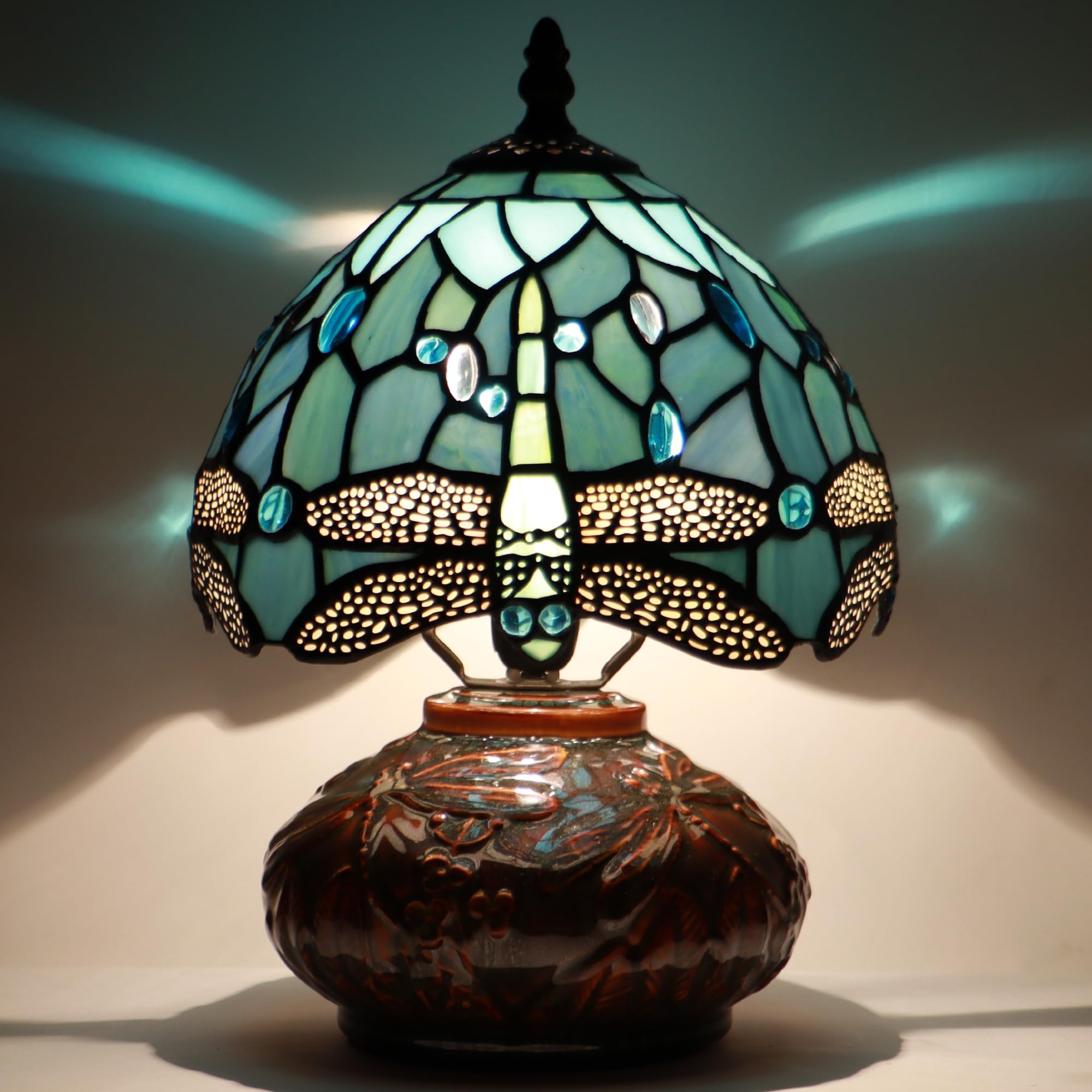HZYFFYU Small Stained Glass Table Lamp Mini Mushroom Stained Glass Lamp Memory Sympathy lamp 8X11 Inch (Sea Blue Dragonfly)