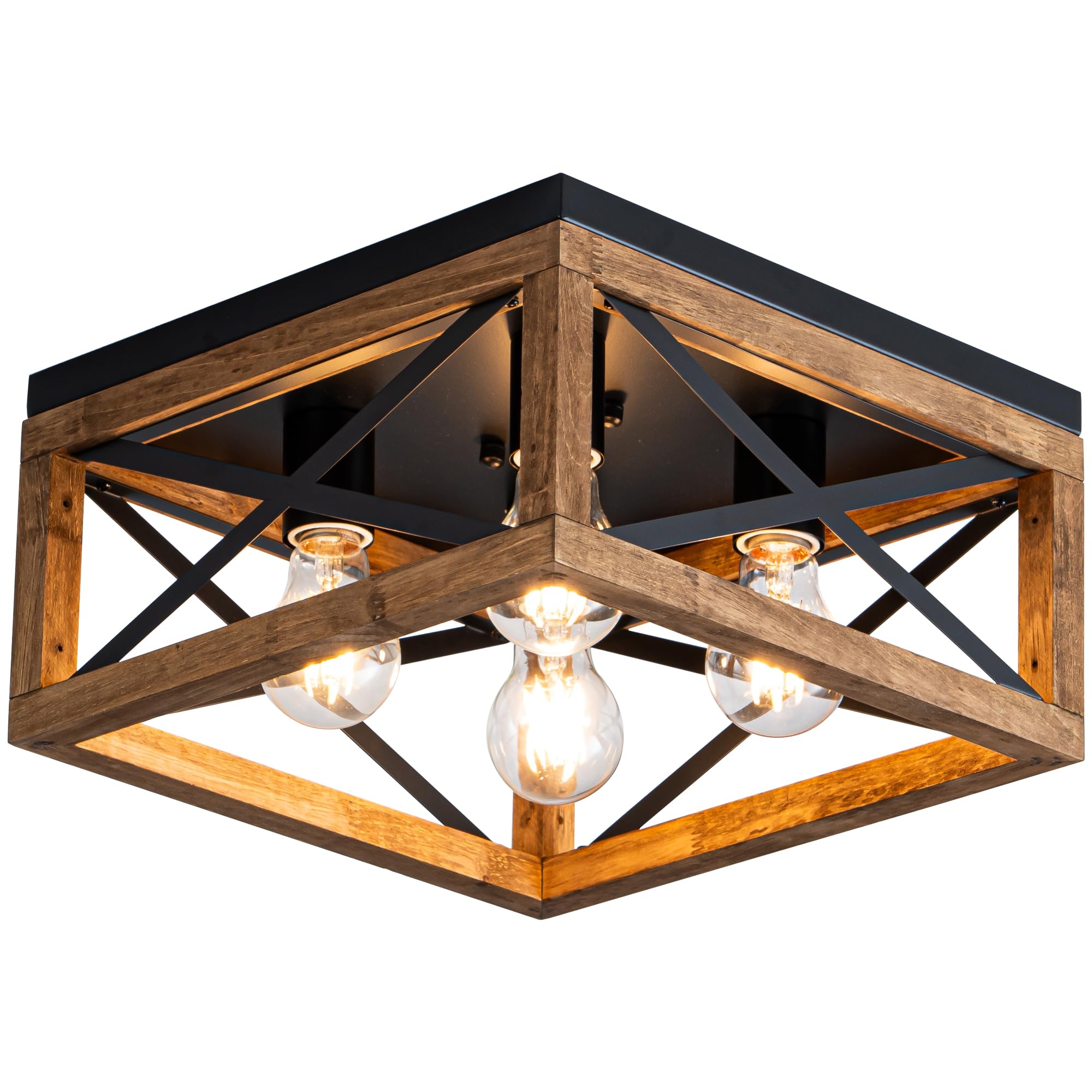 Farmhouse Ceiling Light  4-Light Flush Mount Ceiling Light with Black Metal and Wood  Rustic Light Fixture for Hallway  Entryway  Kitchen