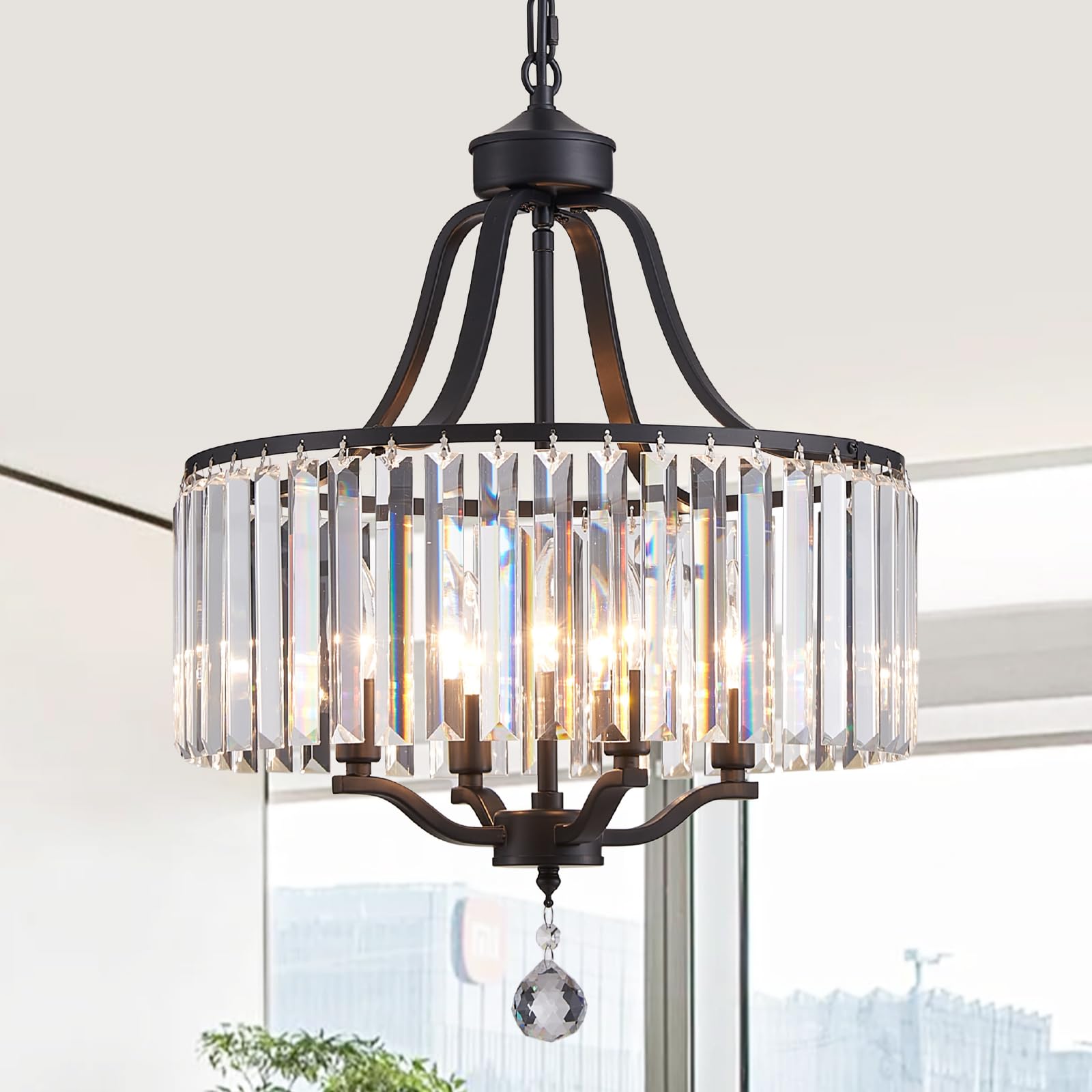peskoe Black Crystal Chandeliers for Dining Room, 4-Light Modern Round Chandeliers 15.7 for Living Room Kitchen Hallway Bedroom 