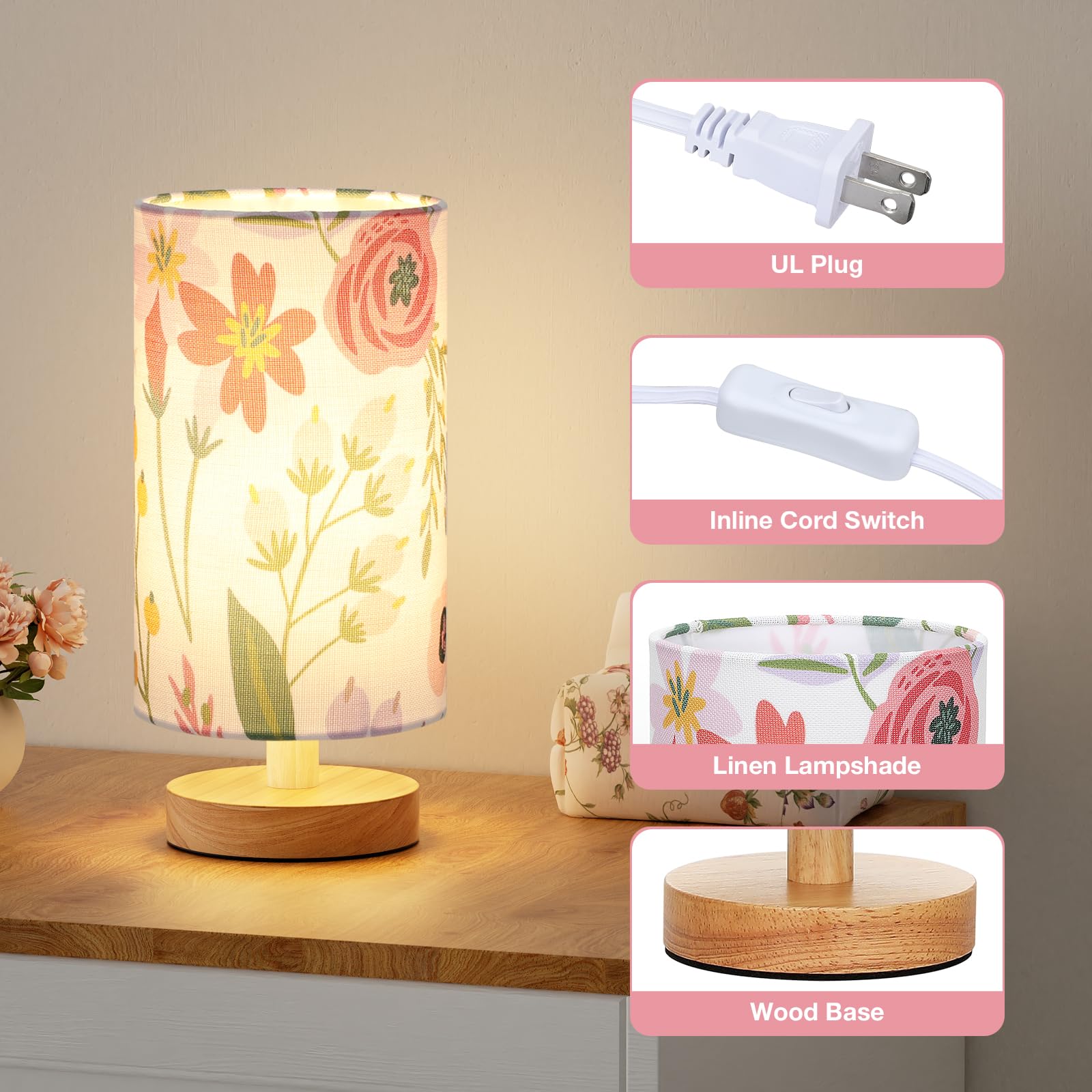 Fenmzee Floral Table Lamp For Bedroom - Inline Control, Small Bedside Lamp With 3000K A15 Led Blub, Easy Assembly (Floral White