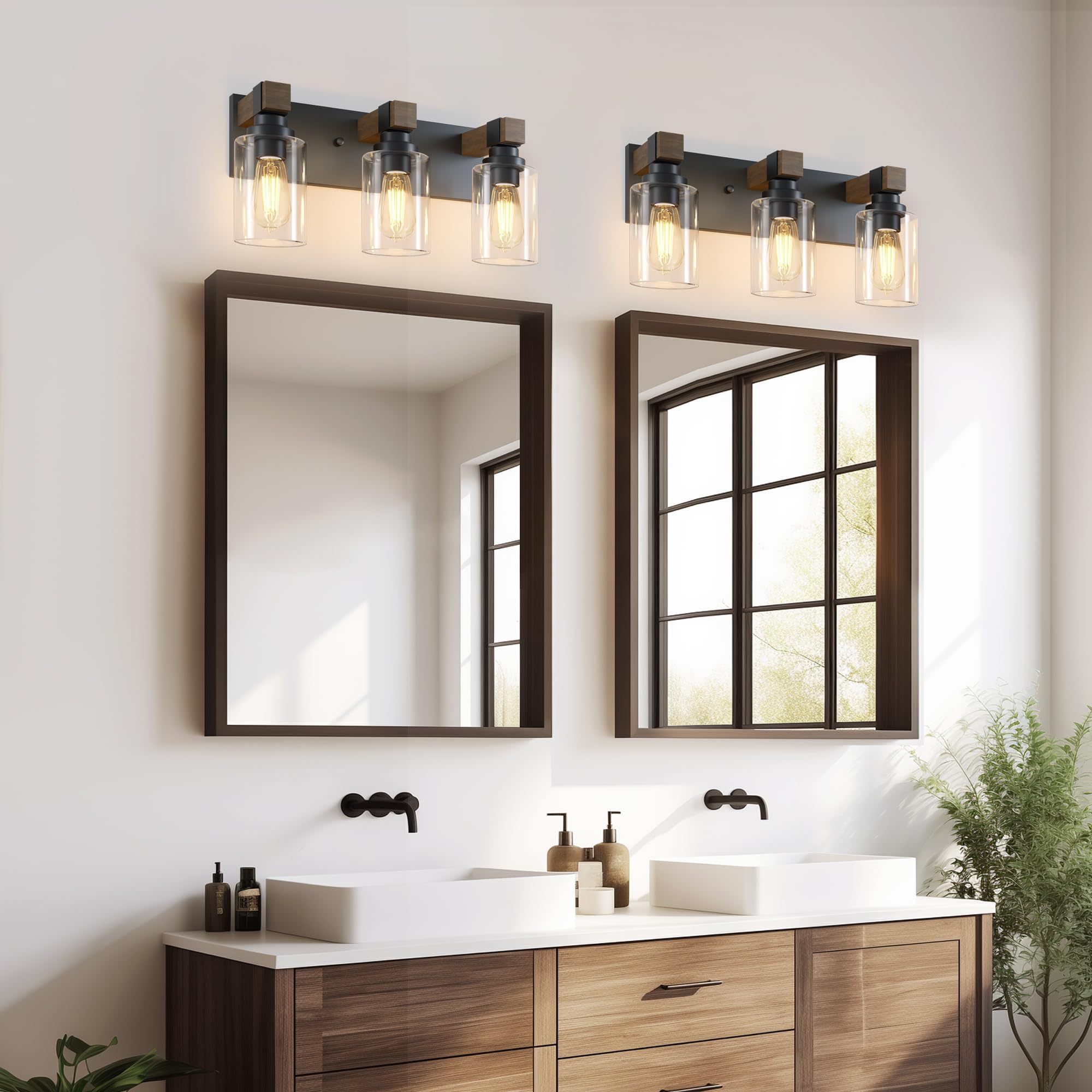 DvmTeom 3-Light Rustic Bathroom Vanity Light, Black & Wood, Vintage Glass Shade, Model D6005